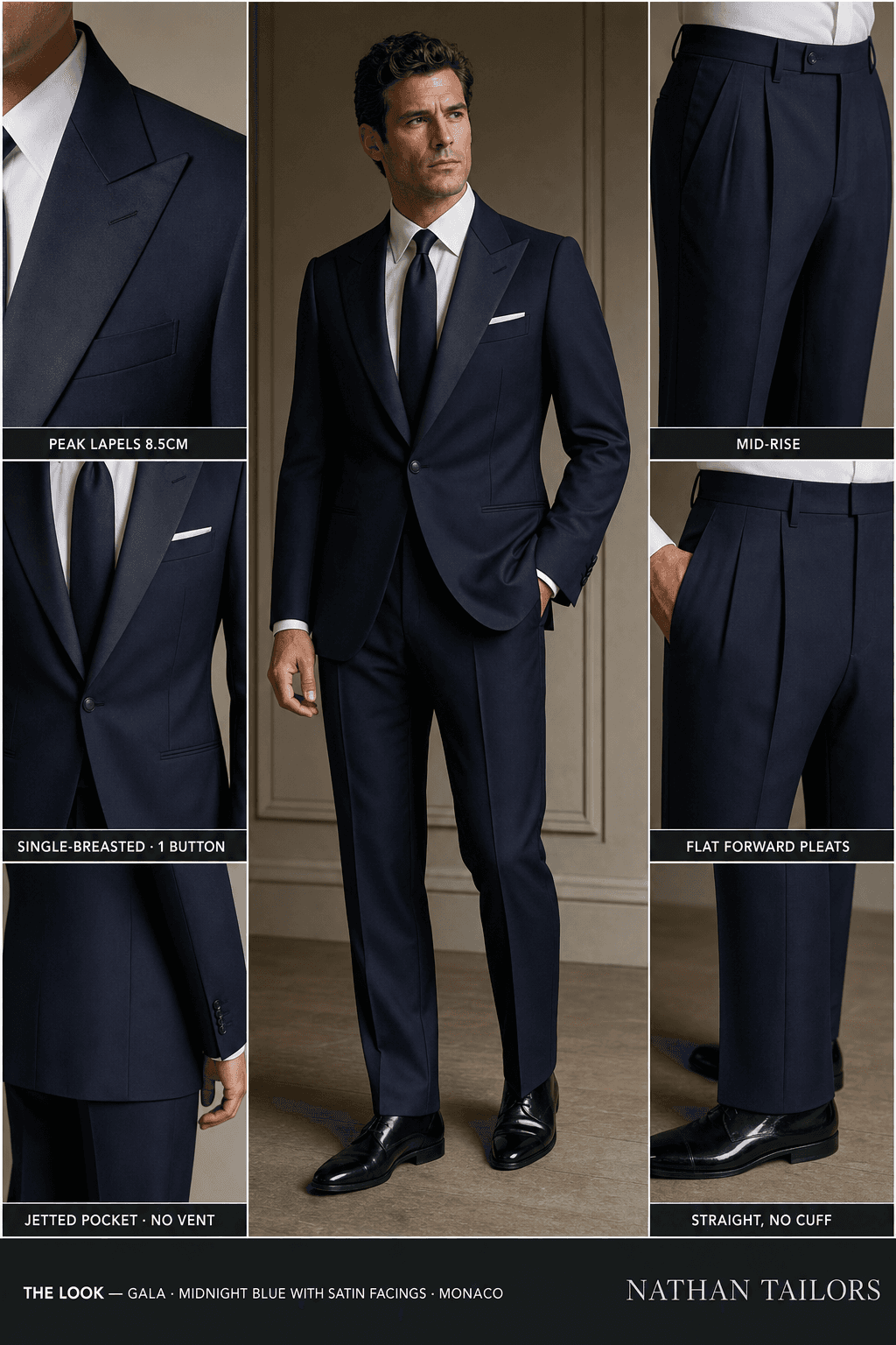 midnight blue with satin facings single-breasted bespoke suit — custom tailored by Nathan Tailors, the Hoi An custom tailor