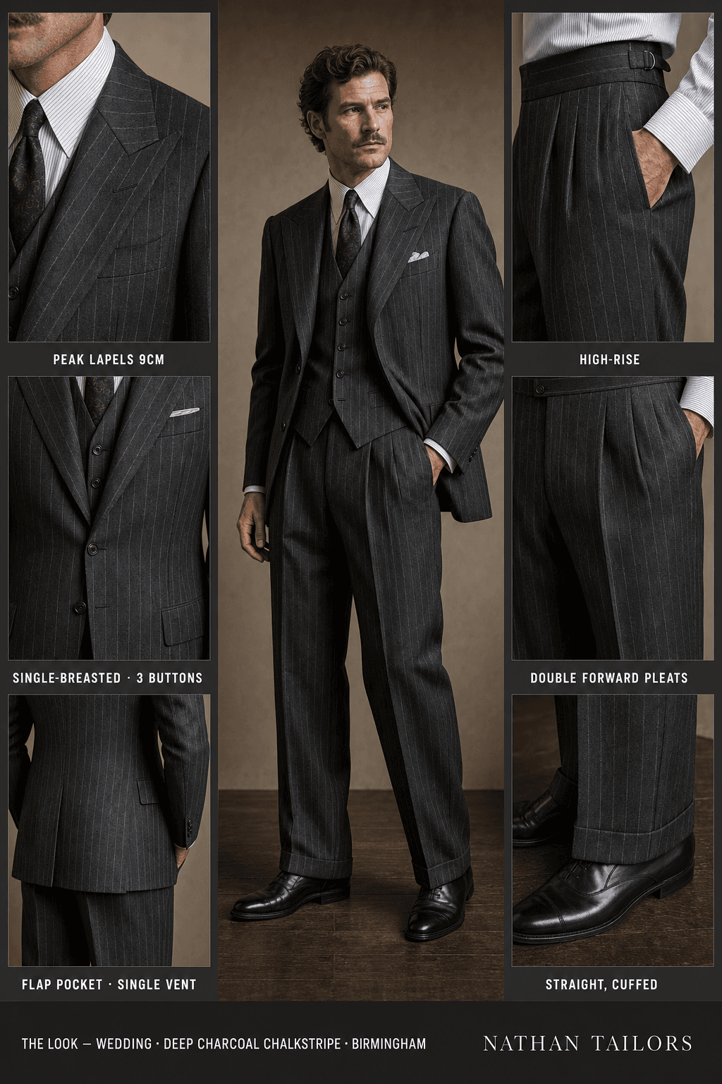 deep charcoal chalkstripe chalk stripe single-breasted peak-lapel bespoke suit — AI-rendered by Nathan Tailors, the Hoi An custom tailor. Available as a custom tailored suit from $129.