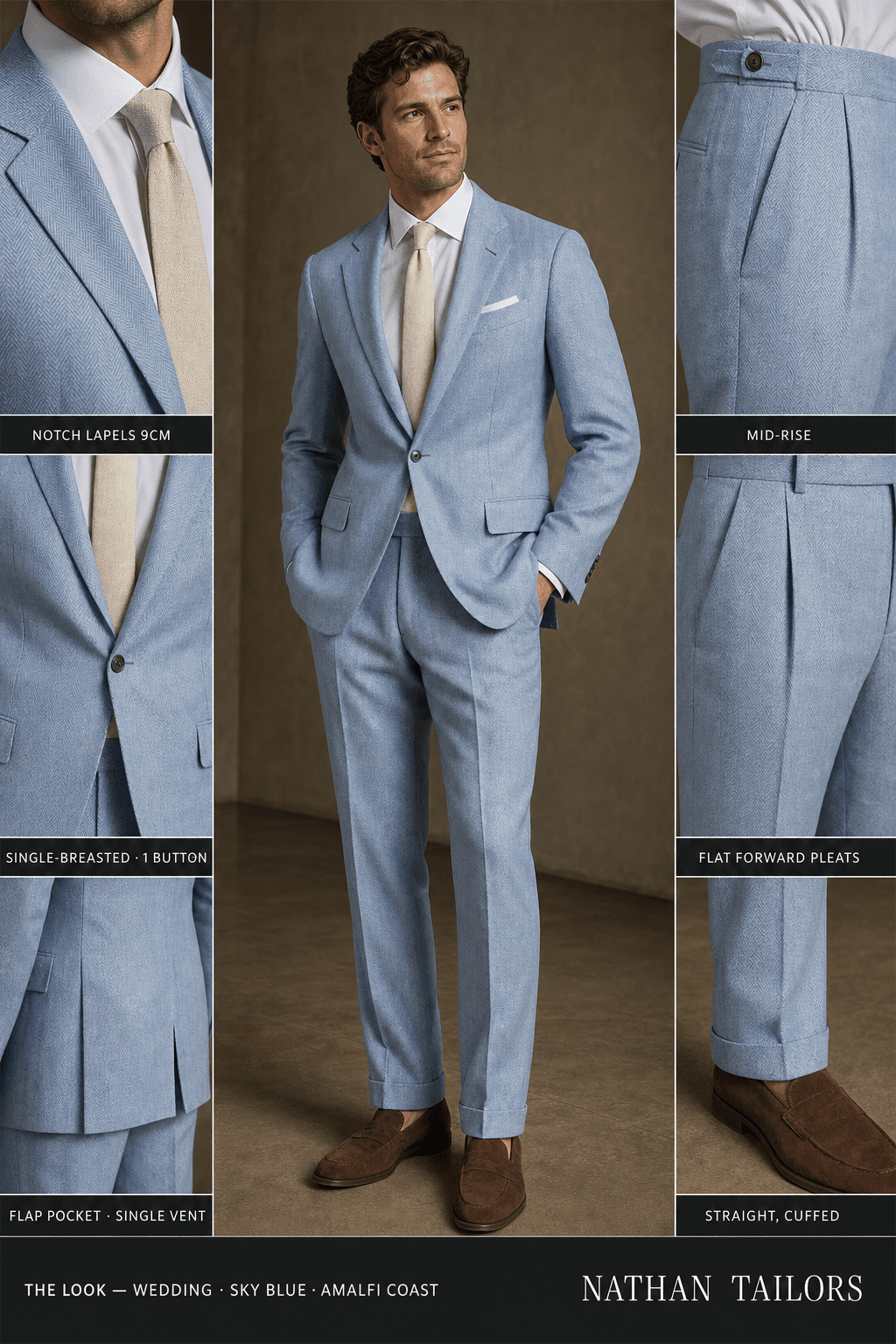 sky blue herringbone single-breasted notch-lapel bespoke suit — AI-rendered by Nathan Tailors, the Hoi An custom tailor. Available as a custom tailored suit from $129.
