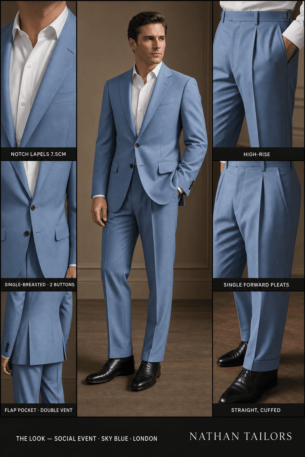 sky blue single-breasted notch-lapel bespoke suit — AI-rendered by Nathan Tailors, the Hoi An custom tailor. Available as a custom tailored suit from $129.