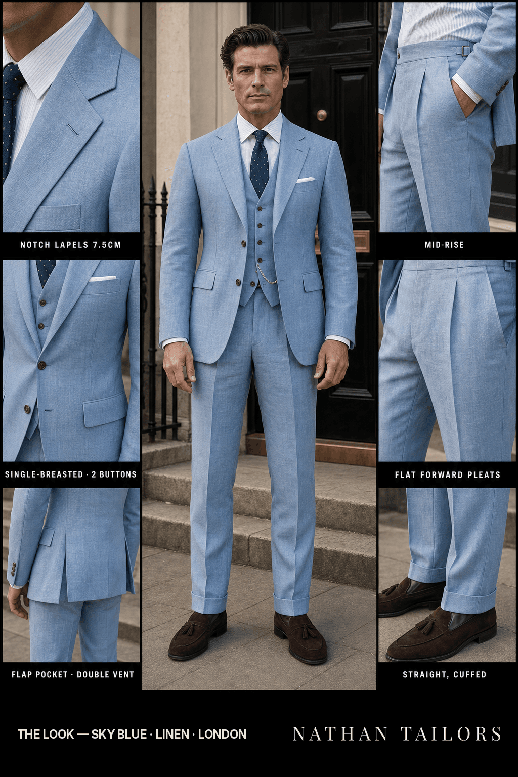 sky blue single-breasted bespoke suit — custom tailored by Nathan Tailors, the Hoi An custom tailor