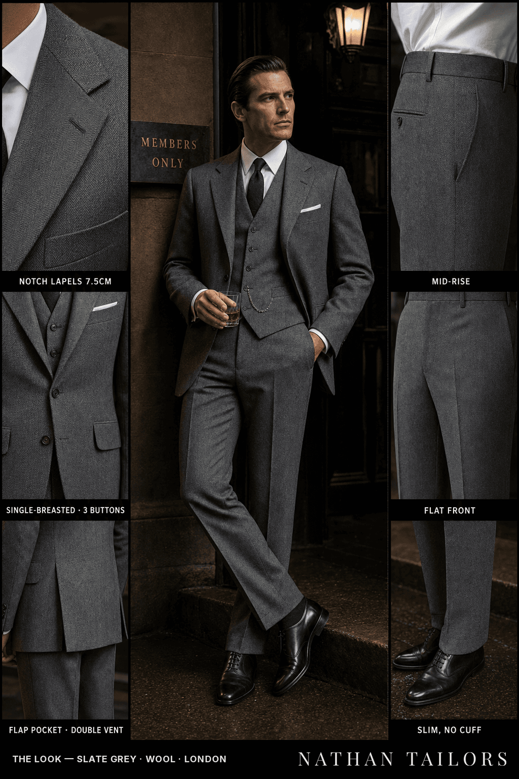 slate grey herringbone single-breasted bespoke suit — custom tailored by Nathan Tailors, the Hoi An custom tailor