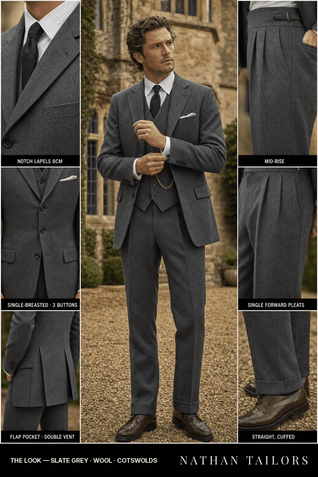 slate grey herringbone single-breasted bespoke suit — custom tailored by Nathan Tailors, the Hoi An custom tailor