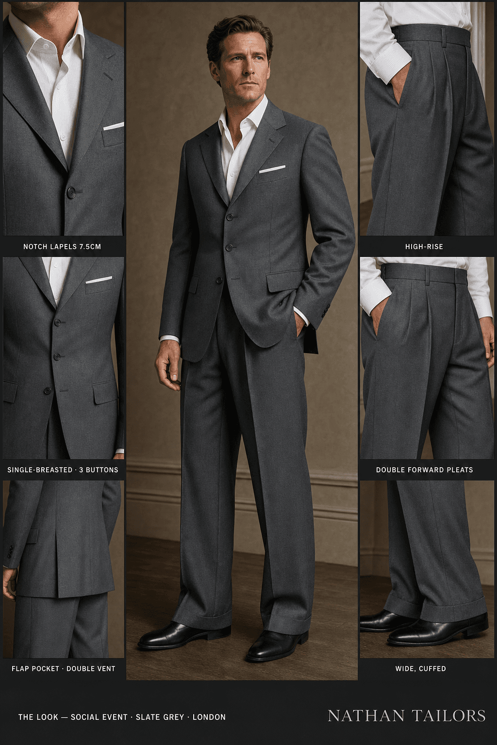 slate grey single-breasted notch-lapel bespoke suit — AI-rendered by Nathan Tailors, the Hoi An custom tailor. Available as a custom tailored suit from $129.