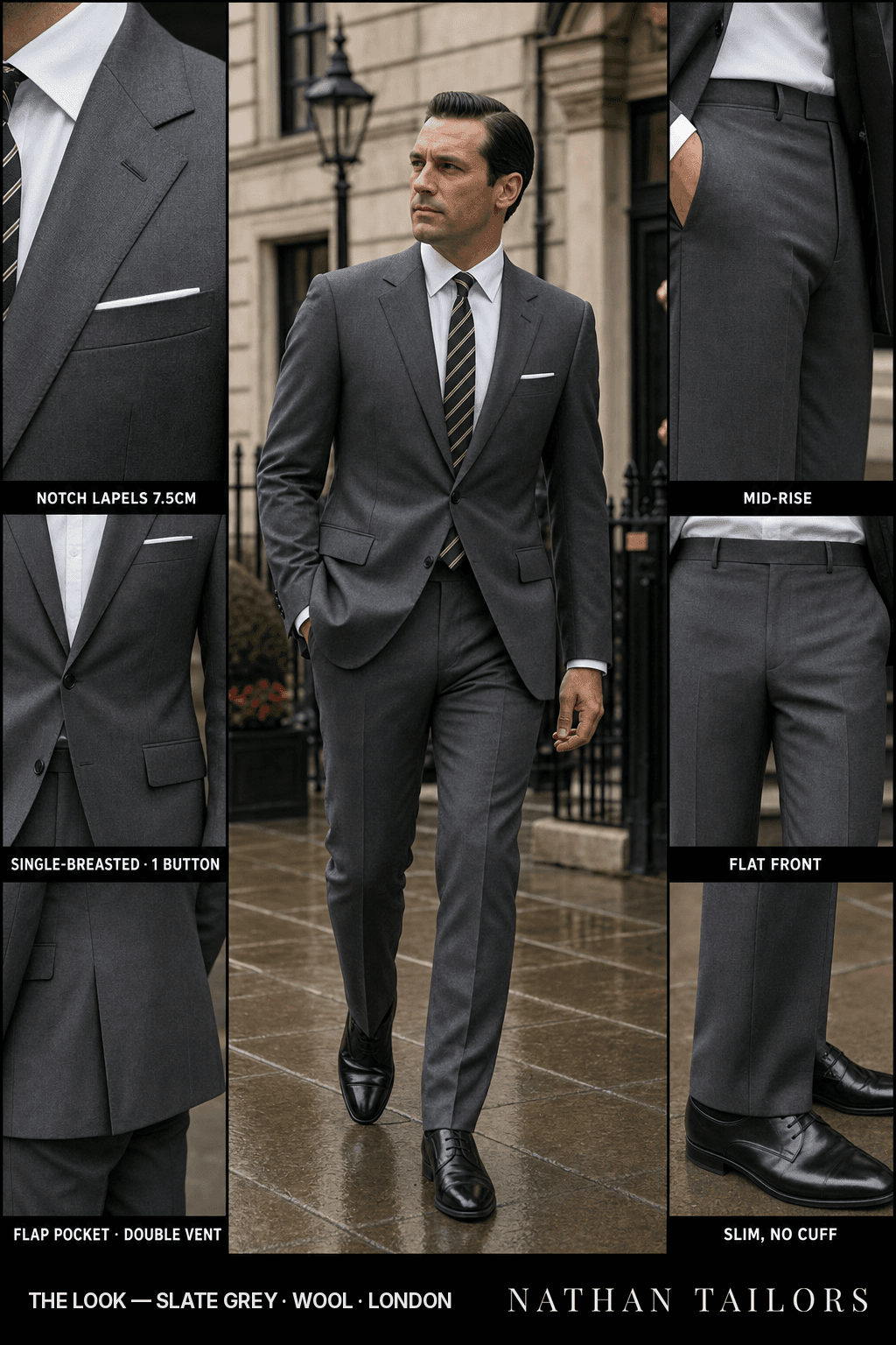 slate grey single-breasted bespoke suit — custom tailored by Nathan Tailors, the Hoi An custom tailor
