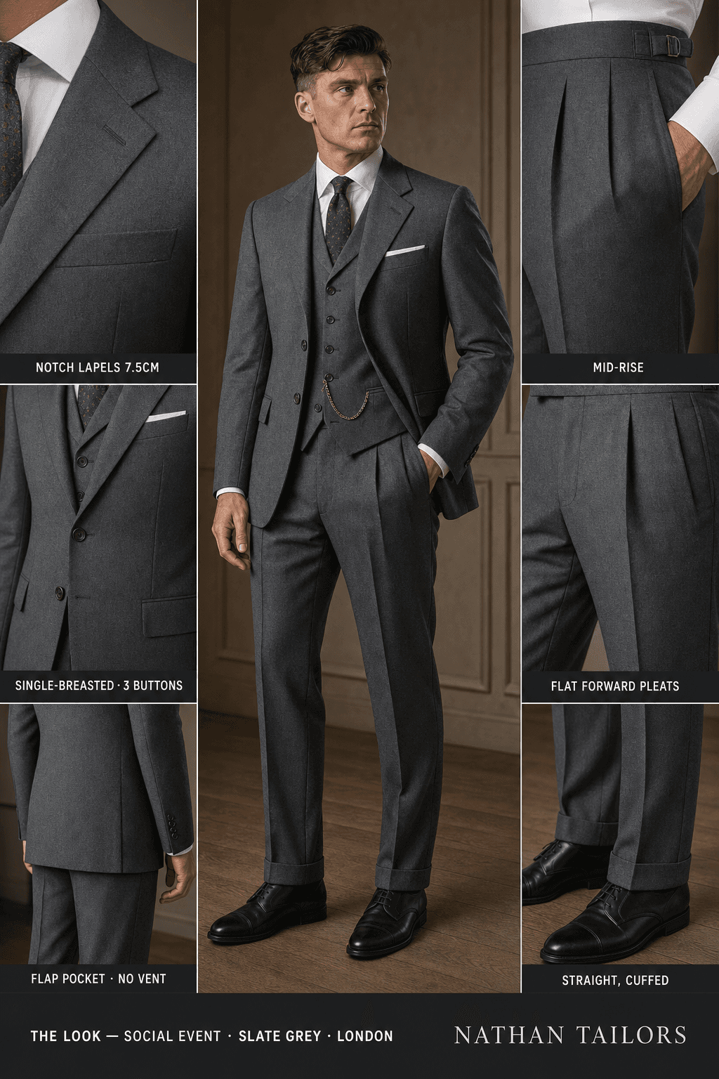 slate grey single-breasted bespoke suit — custom tailored by Nathan Tailors, the Hoi An custom tailor