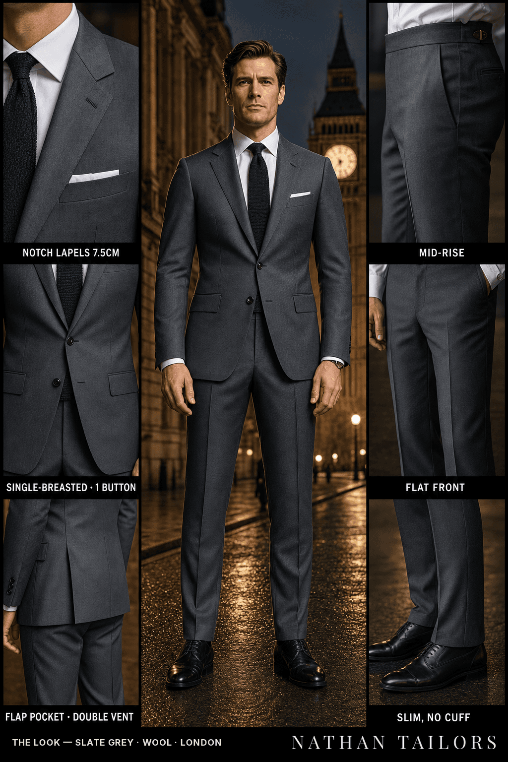slate grey single-breasted bespoke suit — custom tailored by Nathan Tailors, the Hoi An custom tailor