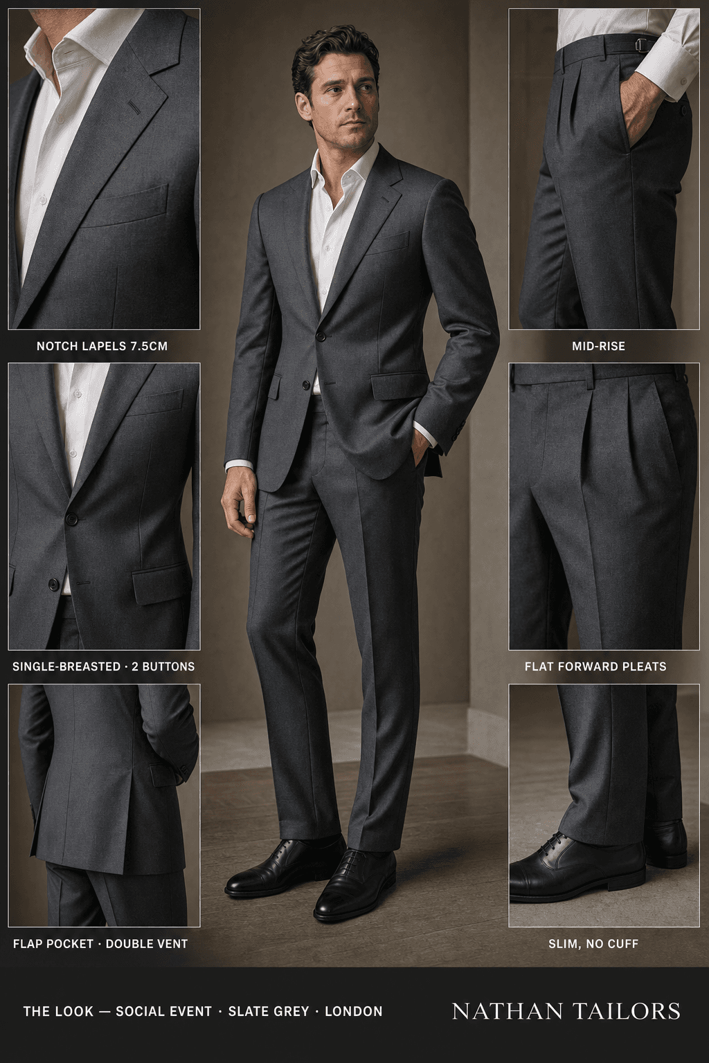 slate grey single-breasted notch-lapel bespoke suit — AI-rendered by Nathan Tailors, the Hoi An custom tailor. Available as a custom tailored suit from $129.