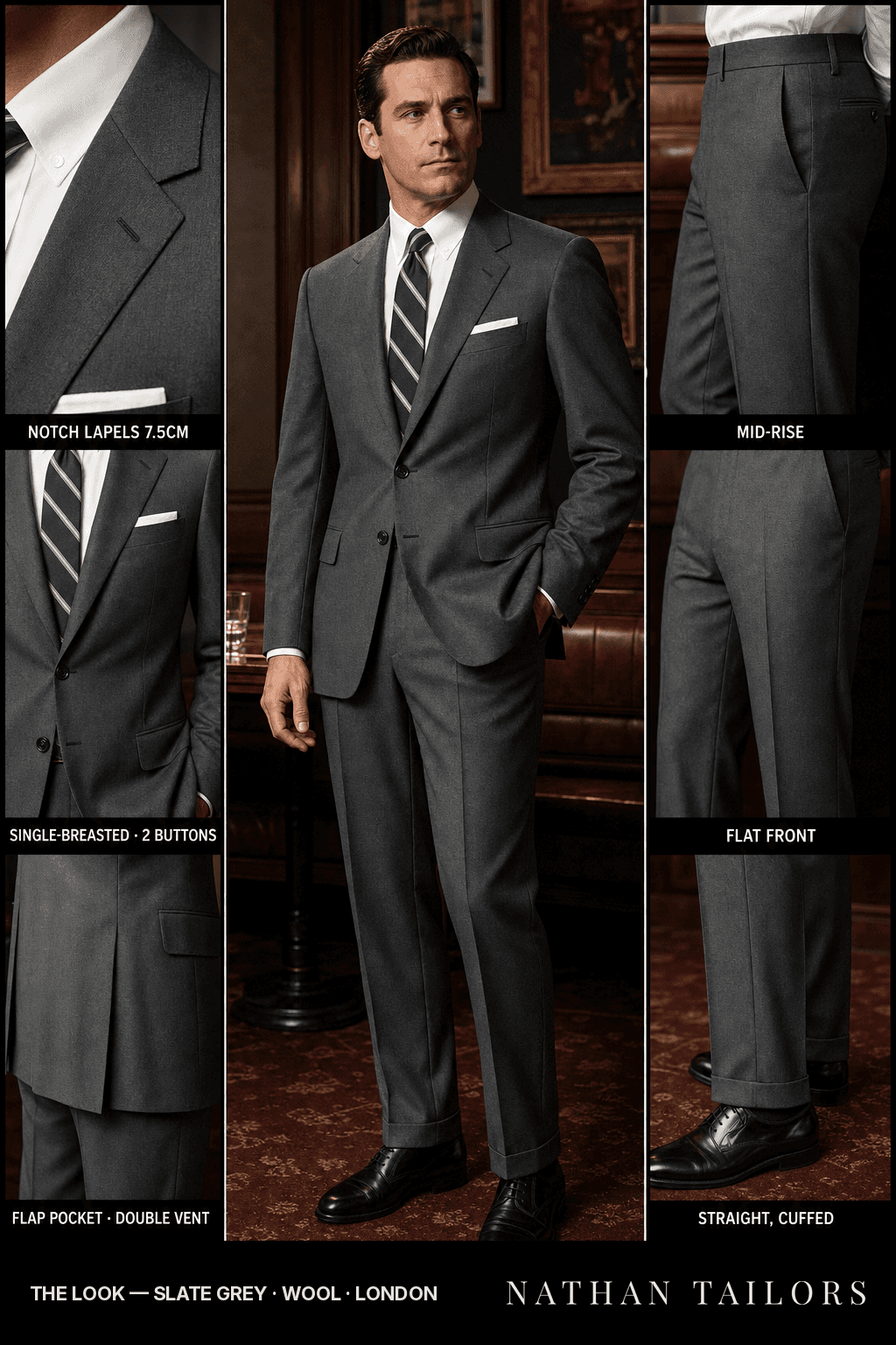 slate grey single-breasted bespoke suit — custom tailored by Nathan Tailors, the Hoi An custom tailor