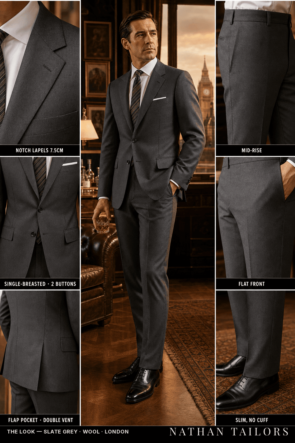 slate grey single-breasted bespoke suit — custom tailored by Nathan Tailors, the Hoi An custom tailor