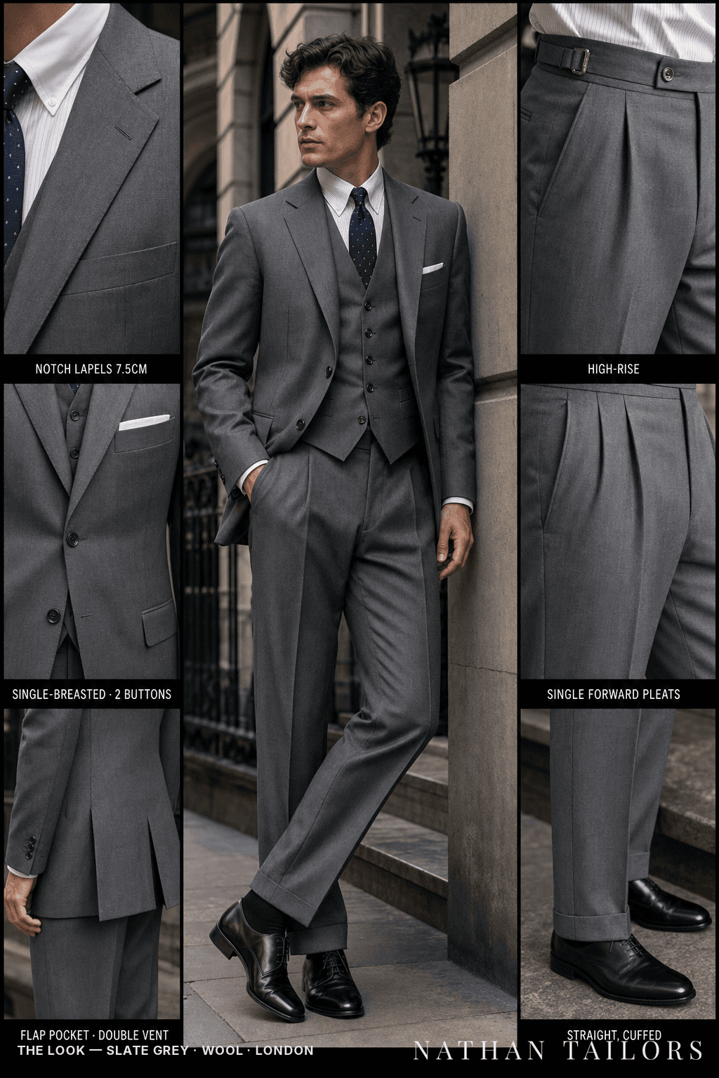 slate grey single-breasted bespoke suit — custom tailored by Nathan Tailors, the Hoi An custom tailor