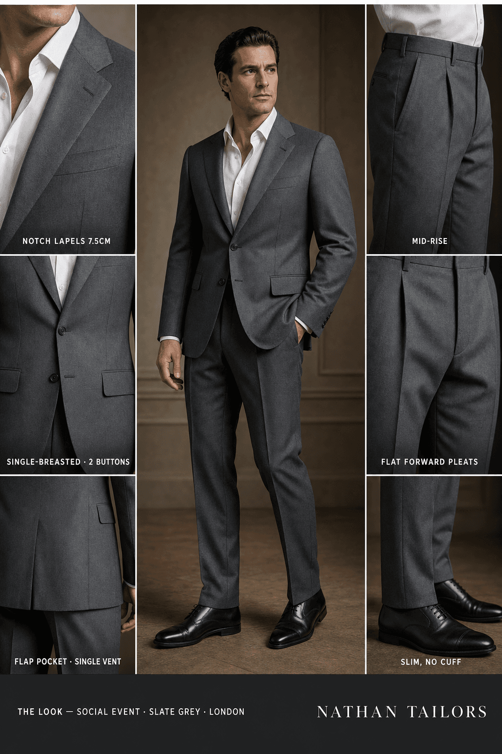 slate grey single-breasted notch-lapel bespoke suit — AI-rendered by Nathan Tailors, the Hoi An custom tailor. Available as a custom tailored suit from $129.