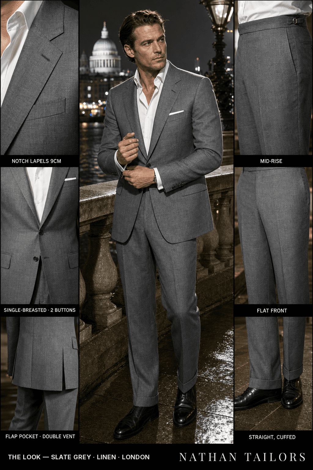 mid grey linen wedding-guest suit — Atelier render by Nathan Tailors
