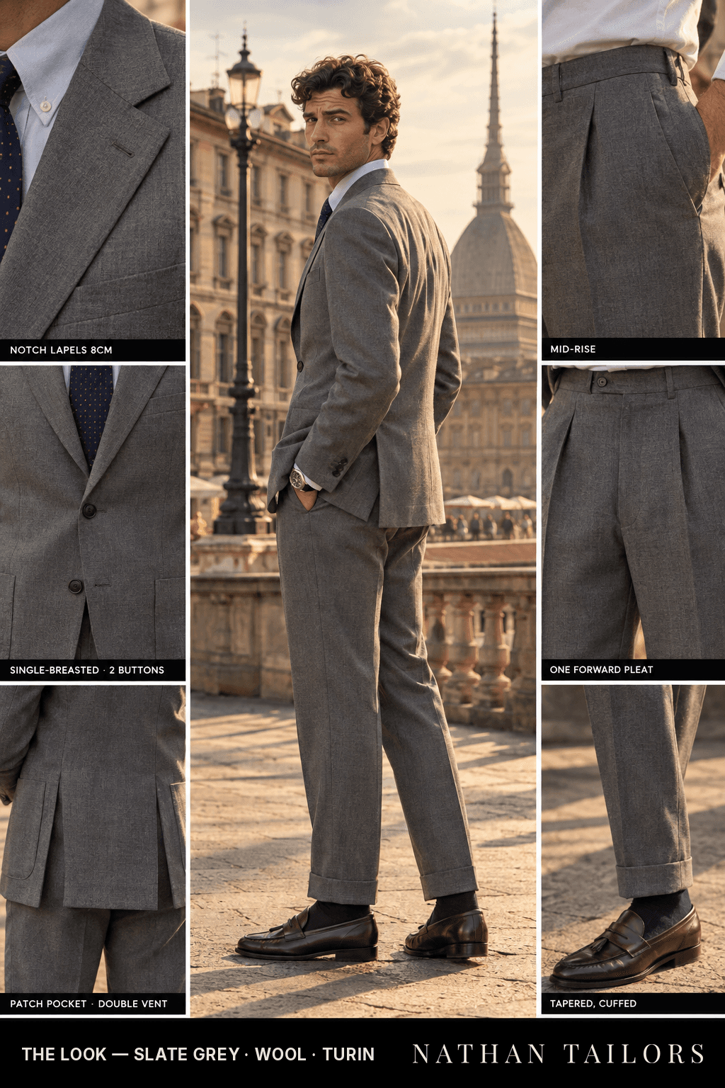 charcoal grey wool wedding-guest suit — Atelier render by Nathan Tailors