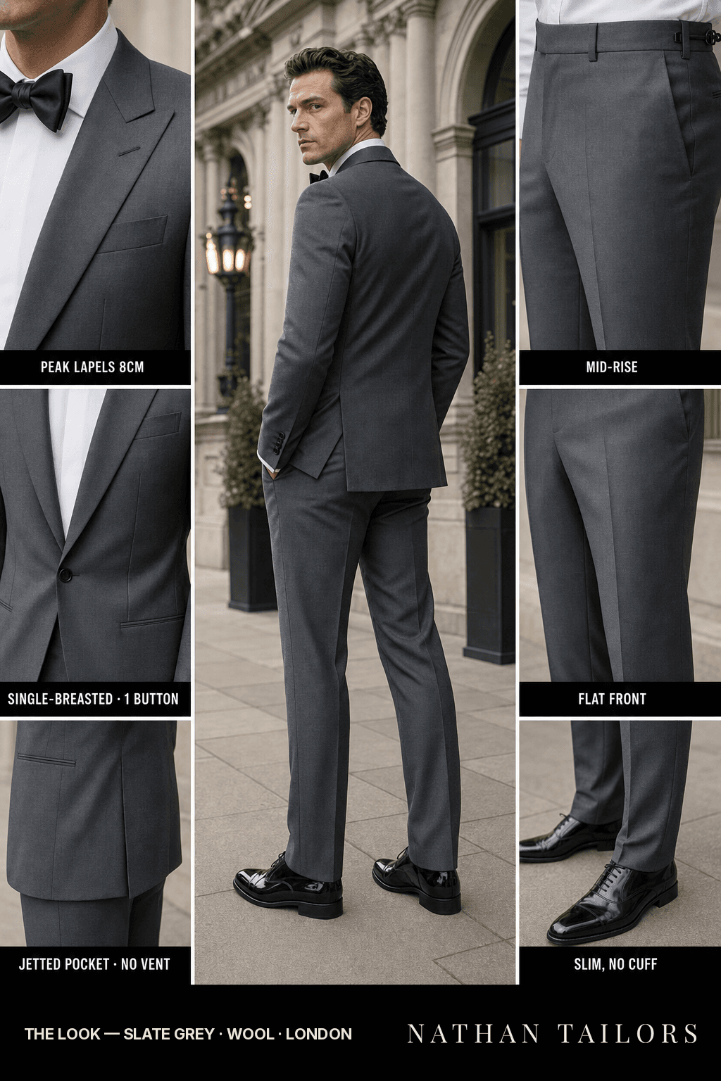 slate grey single-breasted peak-lapel bespoke suit — AI-rendered by Nathan Tailors, the Hoi An custom tailor. Available as a custom tailored suit from $149.