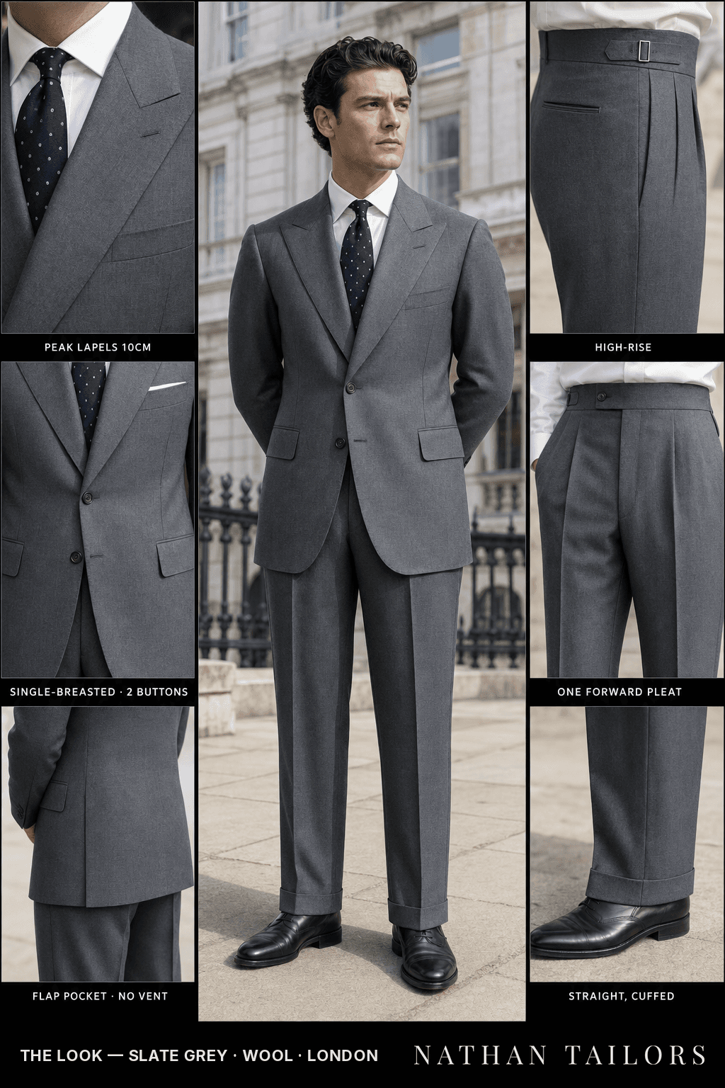 slate grey single-breasted peak-lapel bespoke suit — AI-rendered by Nathan Tailors, the Hoi An custom tailor. Available as a custom tailored suit from $149.
