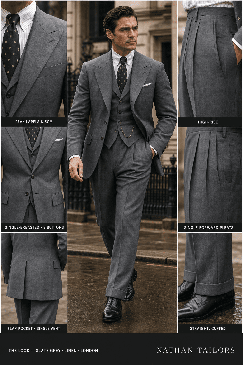 slate grey single-breasted bespoke suit — custom tailored by Nathan Tailors, the Hoi An custom tailor