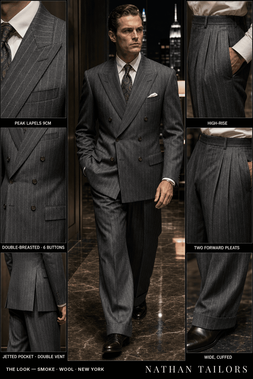 smoke chalk stripe double-breasted peak-lapel bespoke suit — AI-rendered by Nathan Tailors, the Hoi An custom tailor. Available as a custom tailored suit from $149.