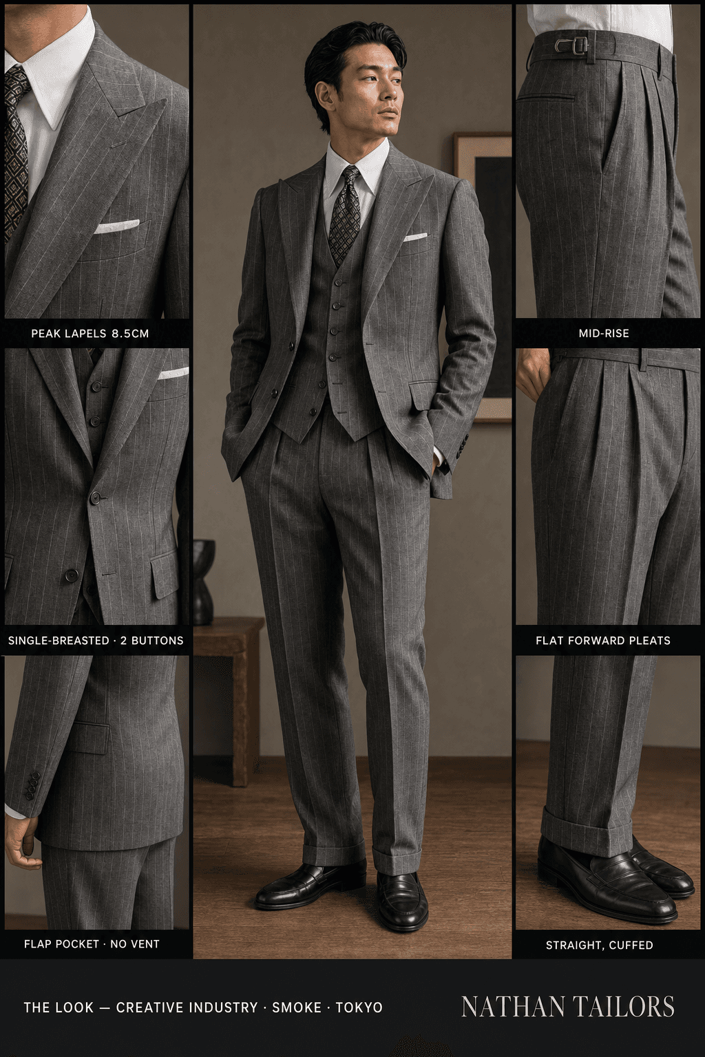 smoke chalk stripe single-breasted peak-lapel bespoke suit — AI-rendered by Nathan Tailors, the Hoi An custom tailor. Available as a custom tailored suit from $129.