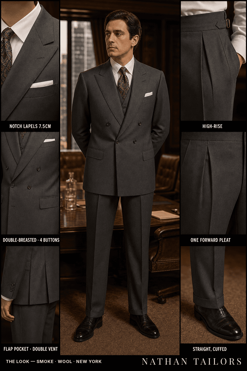smoke double-breasted bespoke suit — custom tailored by Nathan Tailors, the Hoi An custom tailor