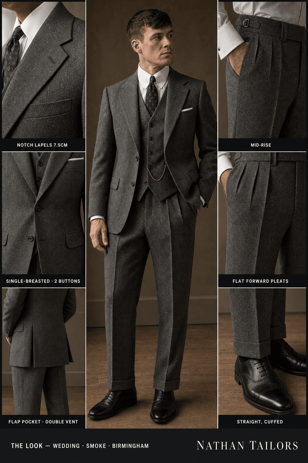 smoke herringbone single-breasted bespoke suit — custom tailored by Nathan Tailors, the Hoi An custom tailor