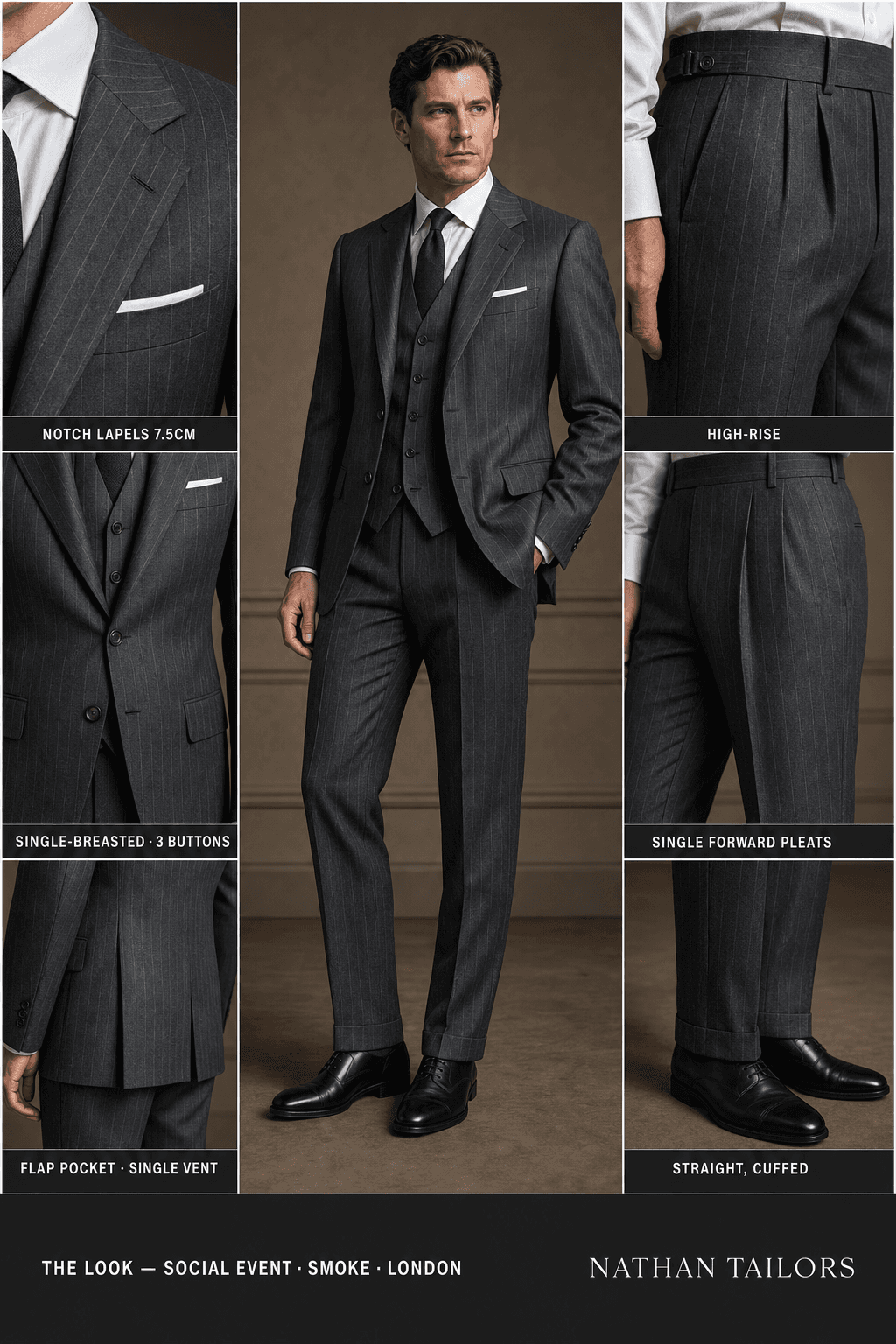 smoke pinstripe single-breasted notch-lapel bespoke suit — AI-rendered by Nathan Tailors, the Hoi An custom tailor. Available as a custom tailored suit from $129.