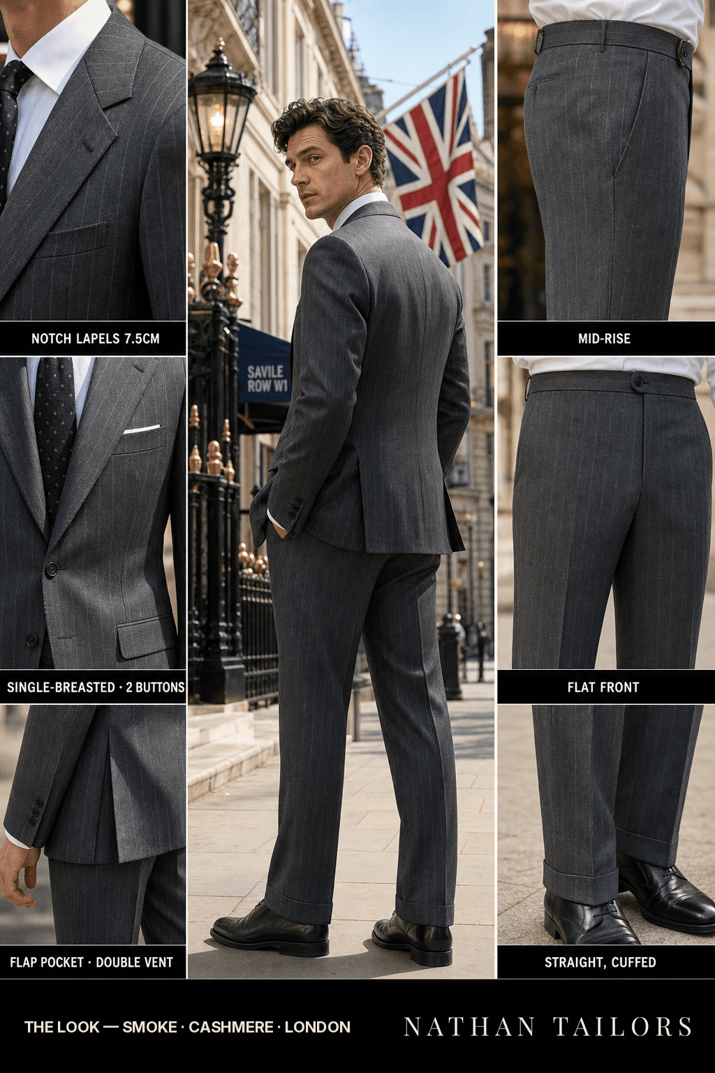 smoke pinstripe single-breasted bespoke suit — custom tailored by Nathan Tailors, the Hoi An custom tailor
