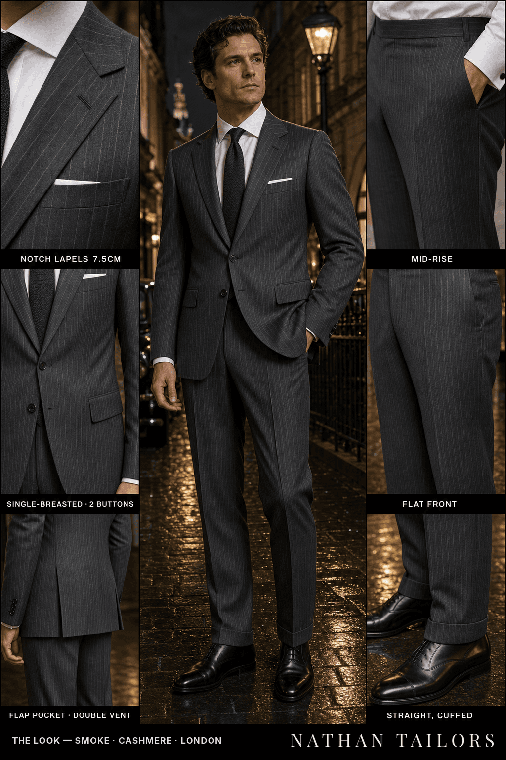 smoke pinstripe single-breasted bespoke suit — custom tailored by Nathan Tailors, the Hoi An custom tailor