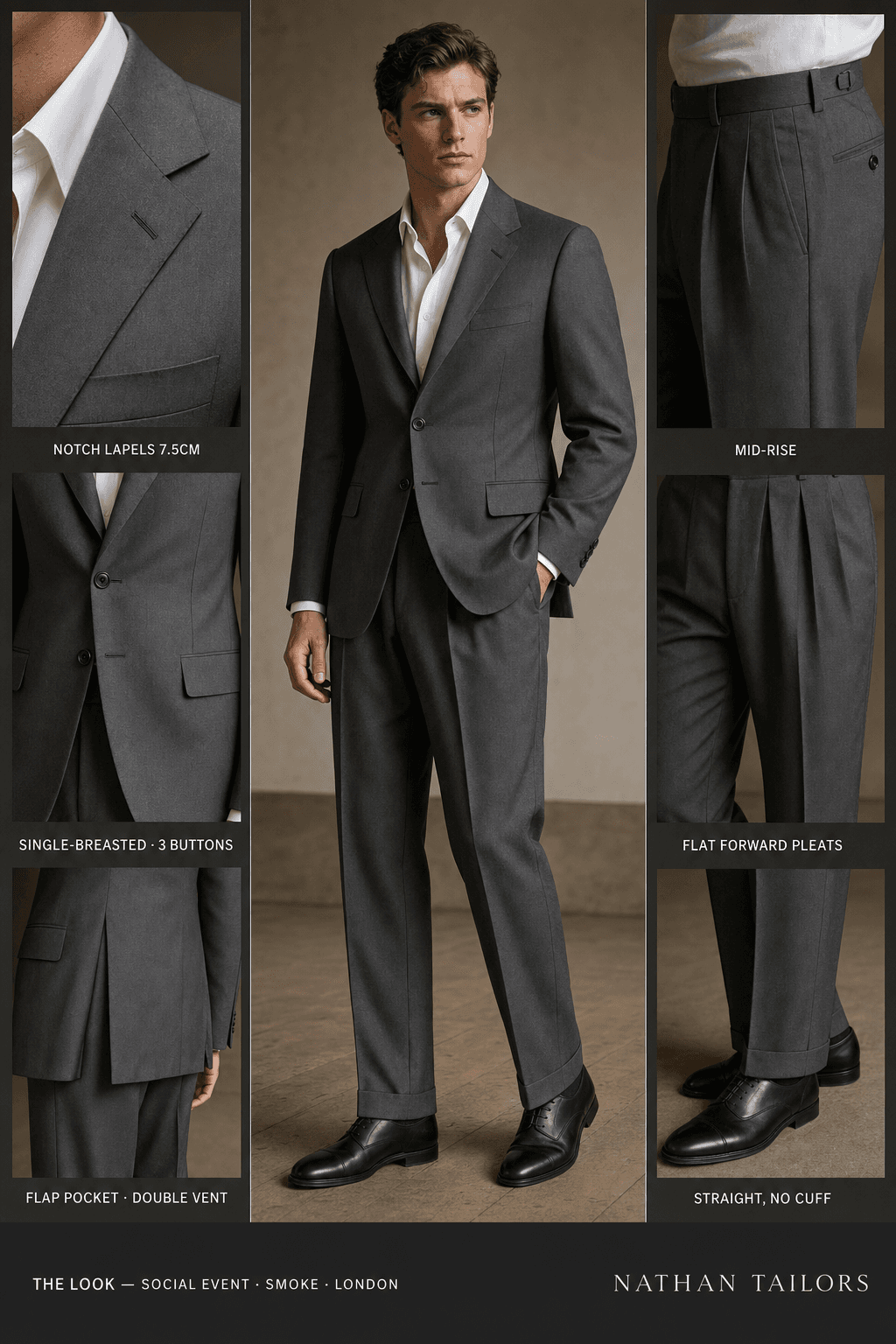 smoke single-breasted notch-lapel bespoke suit — AI-rendered by Nathan Tailors, the Hoi An custom tailor. Available as a custom tailored suit from $129.