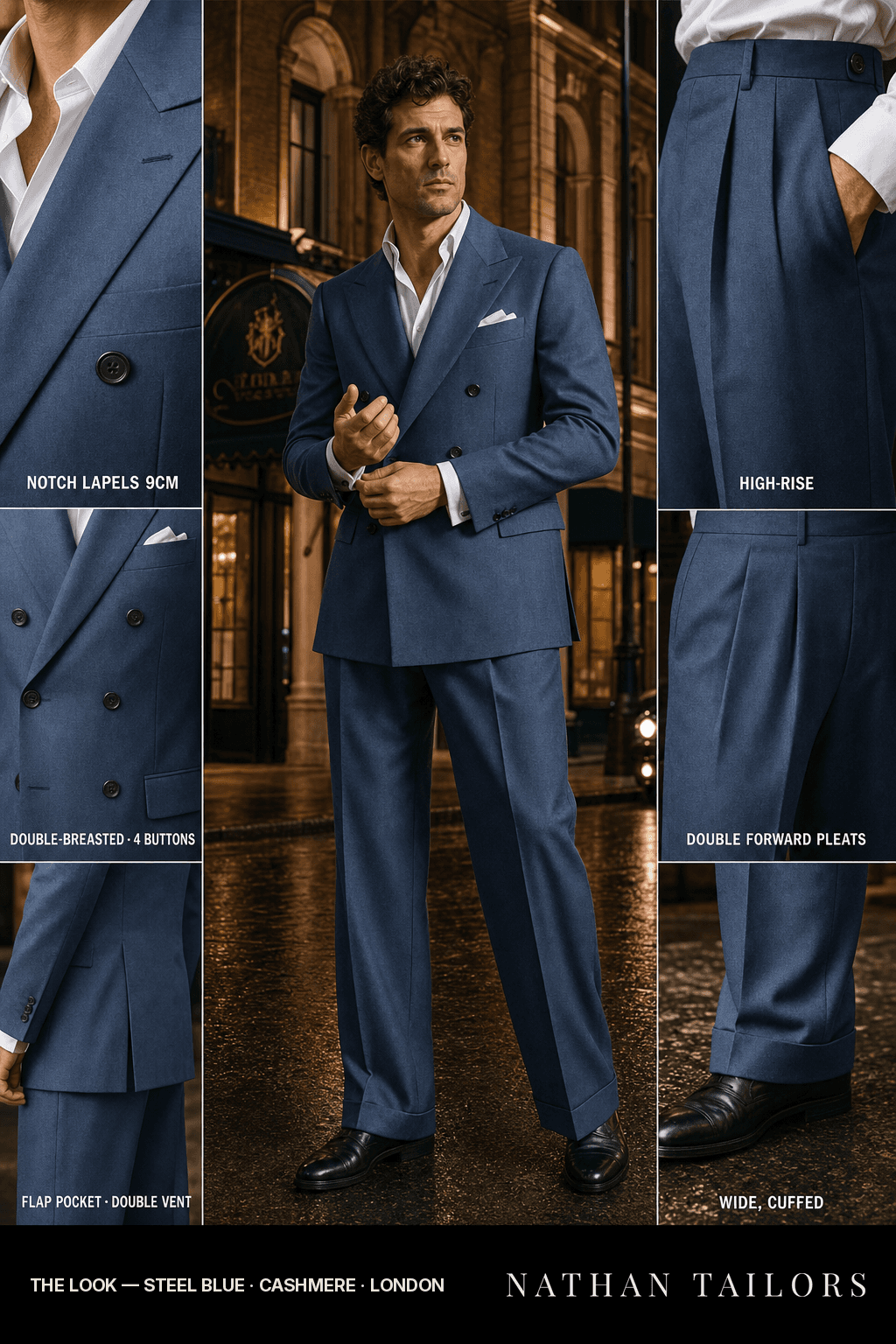 steel blue double-breasted bespoke suit — custom tailored by Nathan Tailors, the Hoi An custom tailor