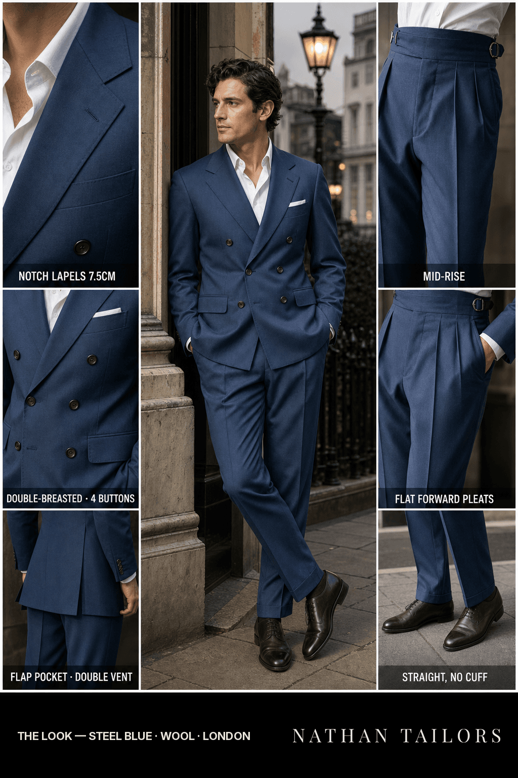 steel blue double-breasted bespoke suit — custom tailored by Nathan Tailors, the Hoi An custom tailor