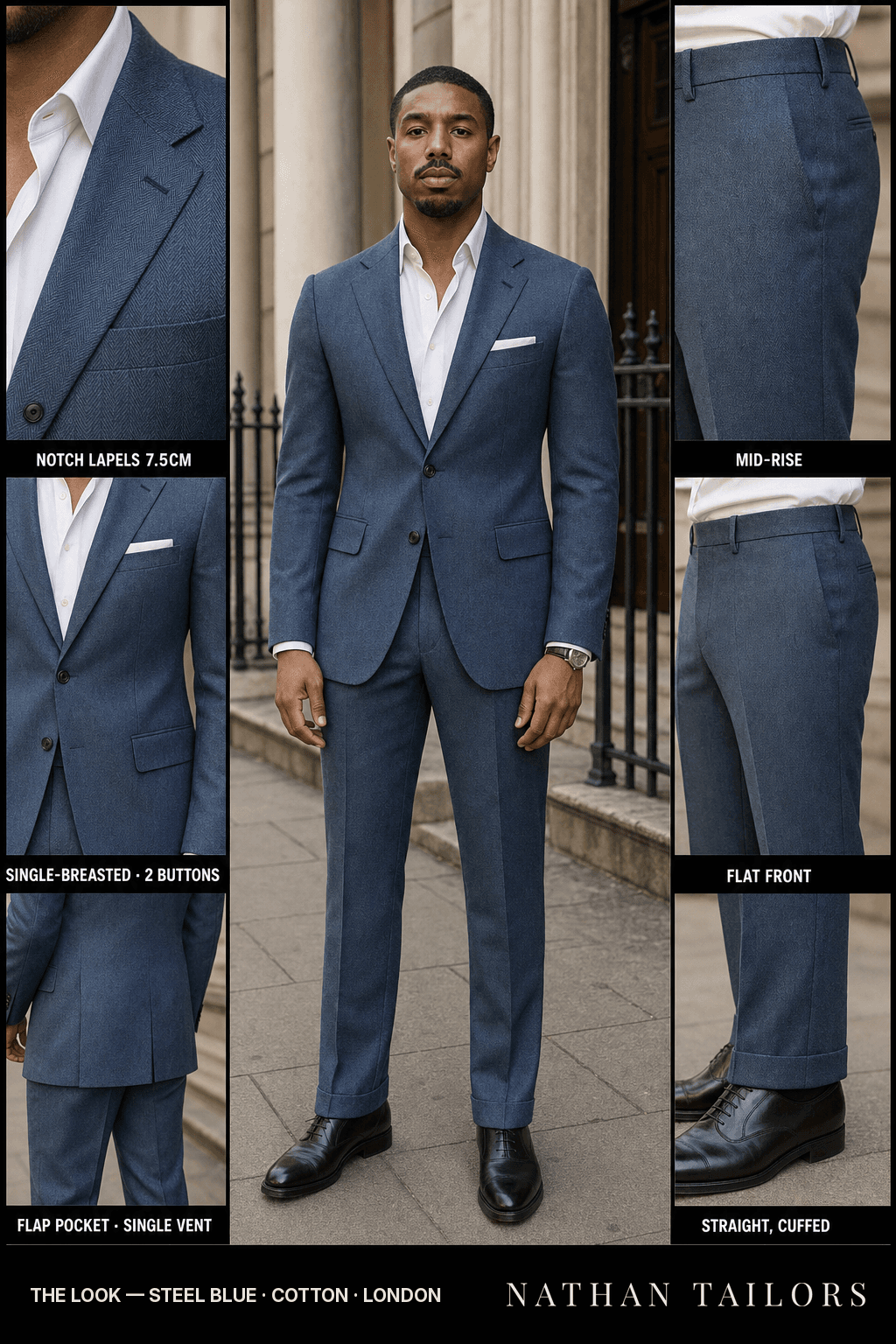 steel blue herringbone single-breasted bespoke suit — custom tailored by Nathan Tailors, the Hoi An custom tailor