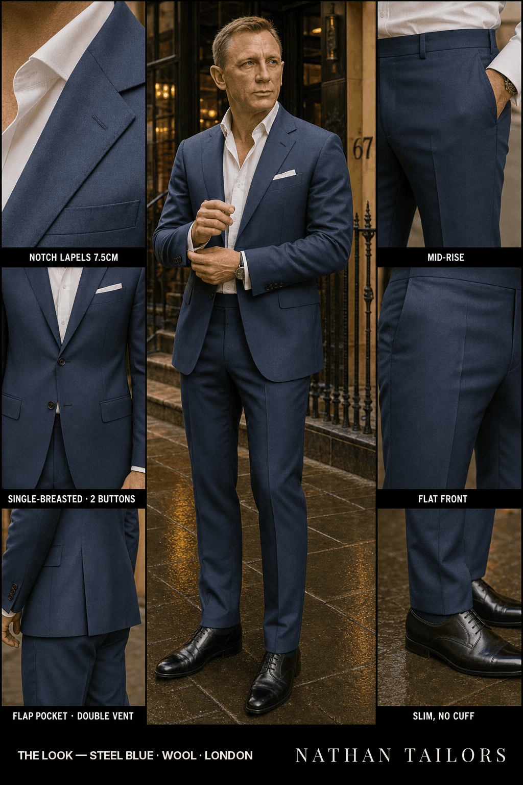 steel blue single-breasted bespoke suit — custom tailored by Nathan Tailors, the Hoi An custom tailor