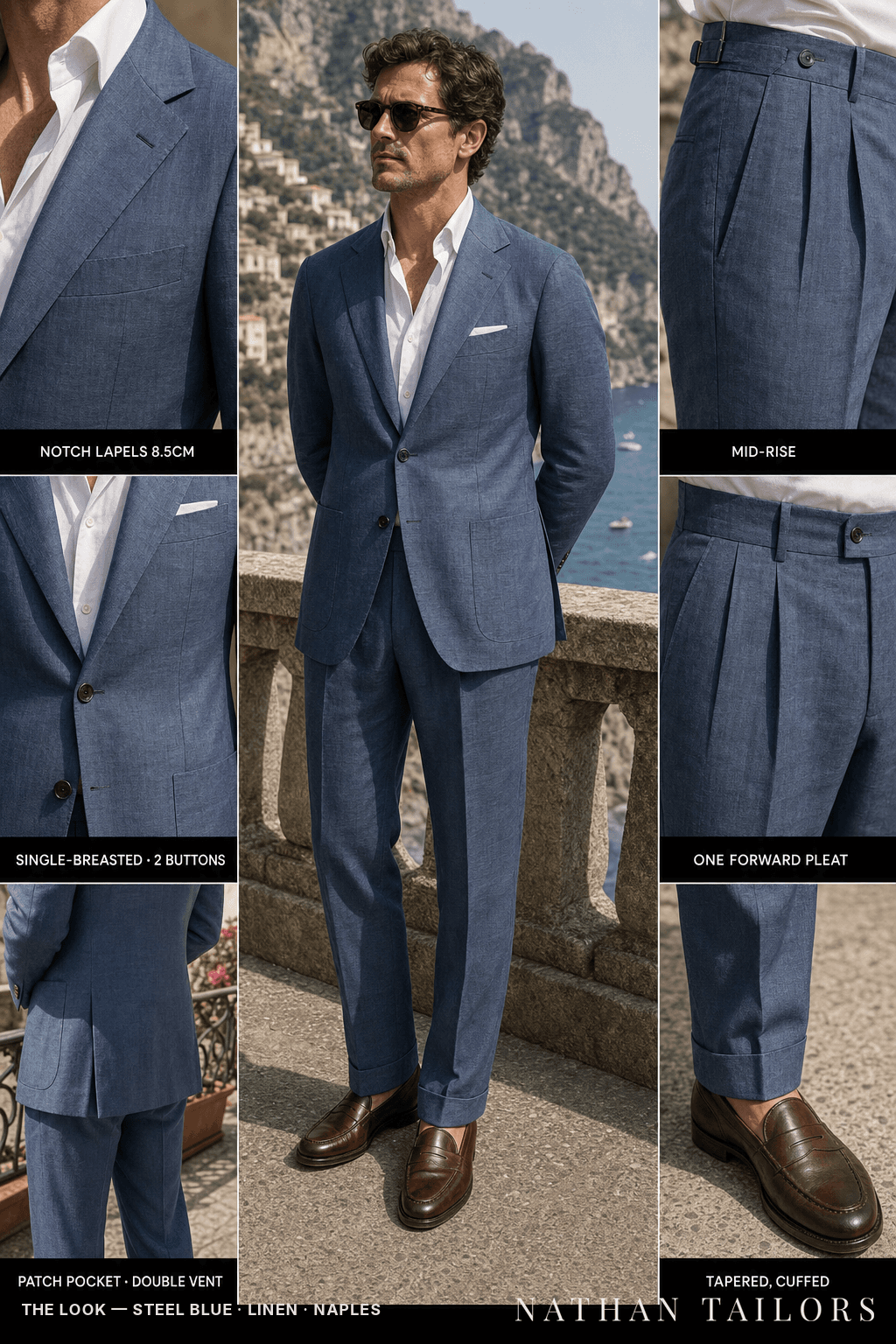 steel blue single-breasted bespoke suit — custom tailored by Nathan Tailors, the Hoi An custom tailor