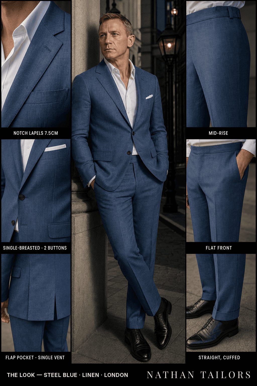 steel blue single-breasted bespoke suit — custom tailored by Nathan Tailors, the Hoi An custom tailor