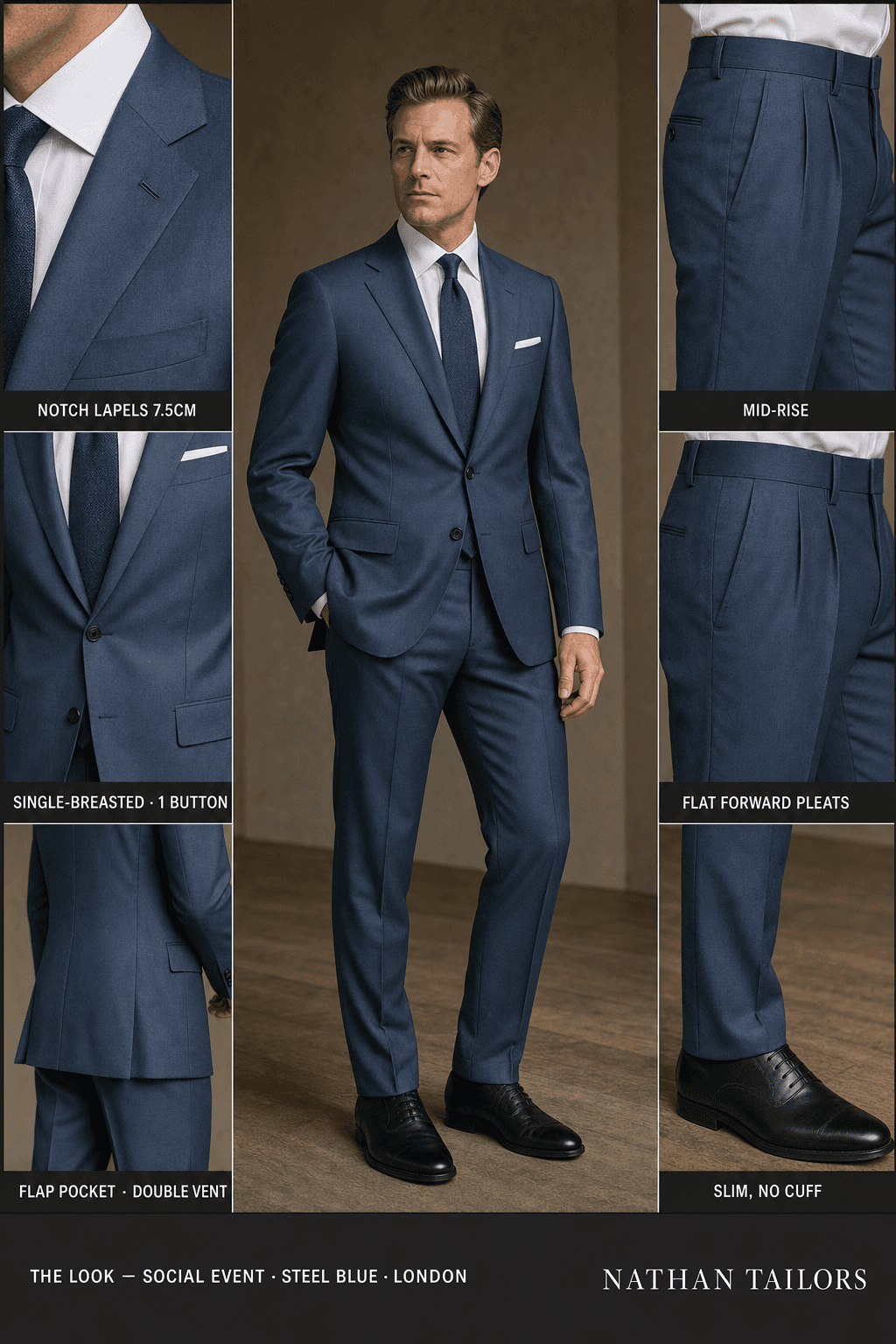 steel blue single-breasted bespoke suit — custom tailored by Nathan Tailors, the Hoi An custom tailor