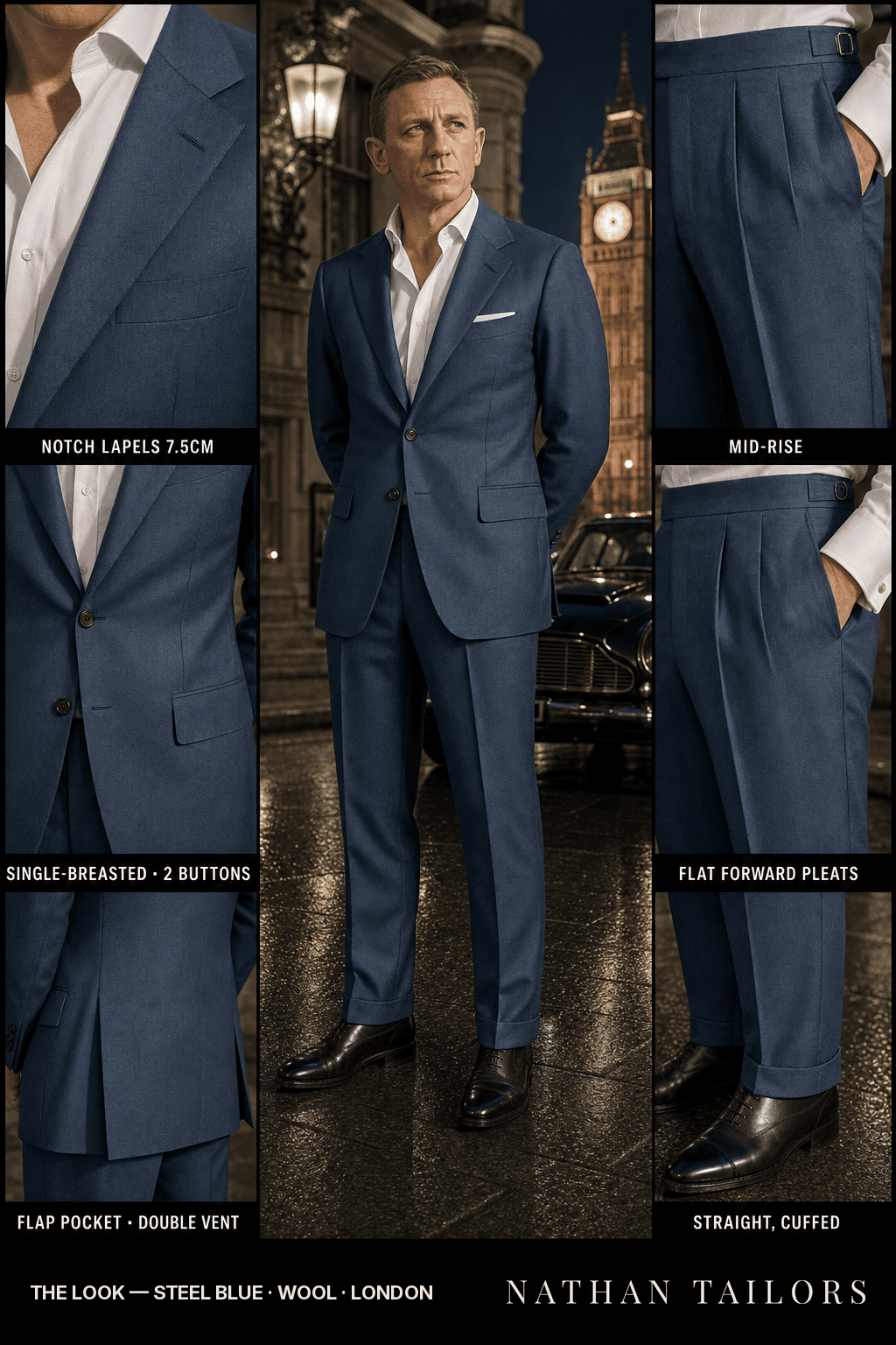 steel blue single-breasted bespoke suit — custom tailored by Nathan Tailors, the Hoi An custom tailor