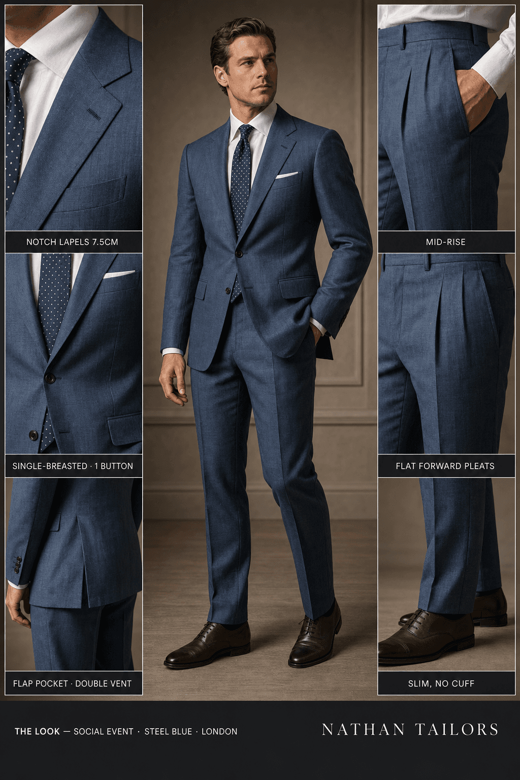 steel blue single-breasted bespoke suit — custom tailored by Nathan Tailors, the Hoi An custom tailor