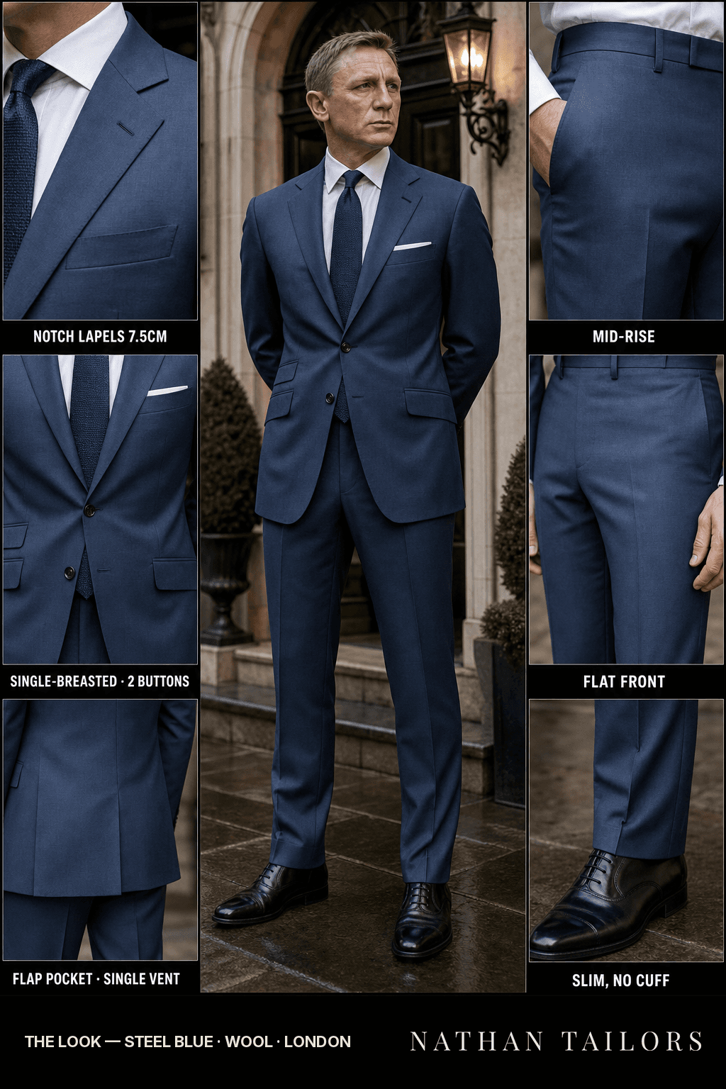 steel blue single-breasted bespoke suit — custom tailored by Nathan Tailors, the Hoi An custom tailor