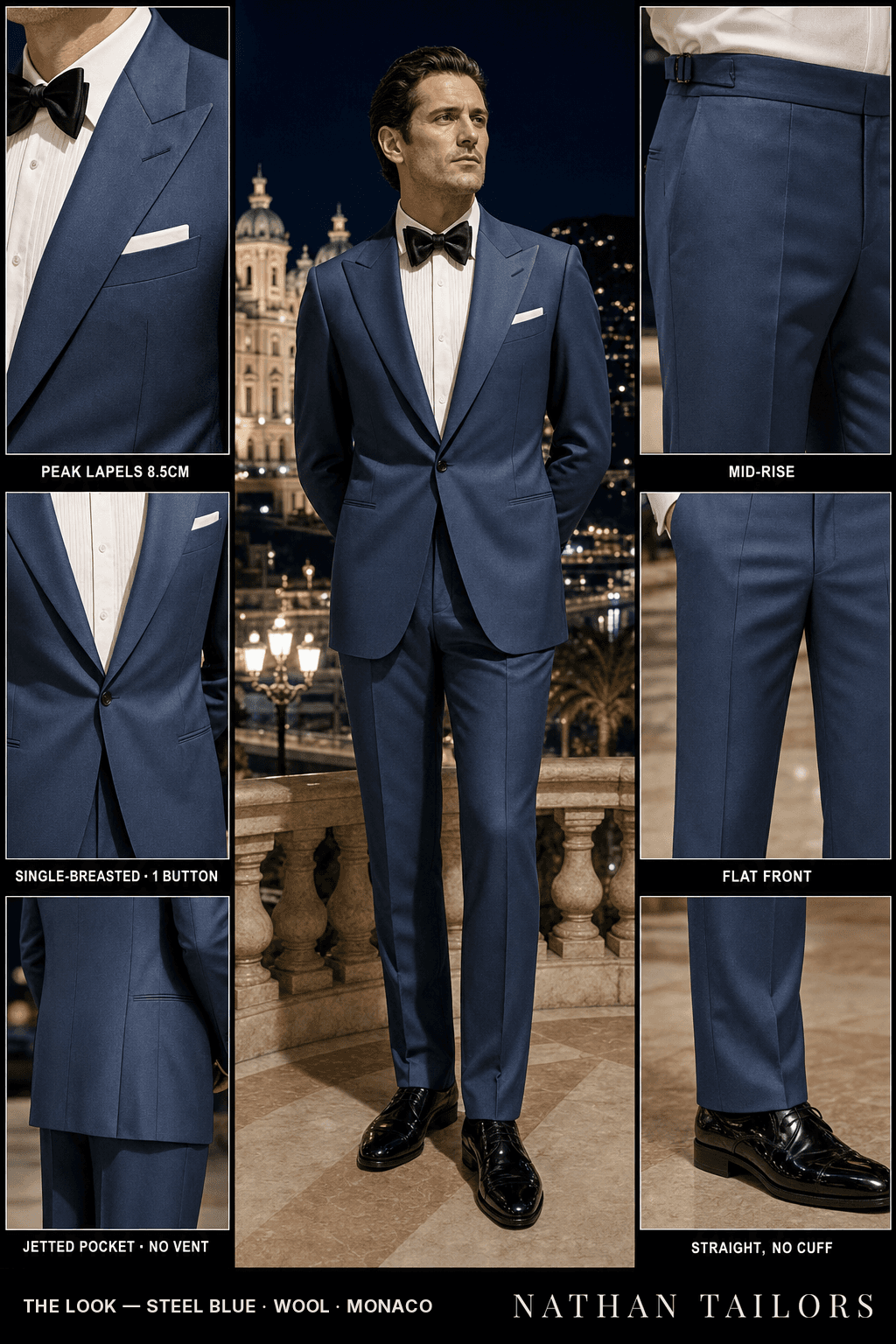 steel blue single-breasted peak-lapel bespoke suit — AI-rendered by Nathan Tailors, the Hoi An custom tailor. Available as a custom tailored suit from $149.