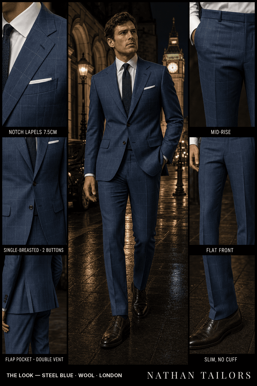 steel blue windowpane single-breasted bespoke suit — custom tailored by Nathan Tailors, the Hoi An custom tailor