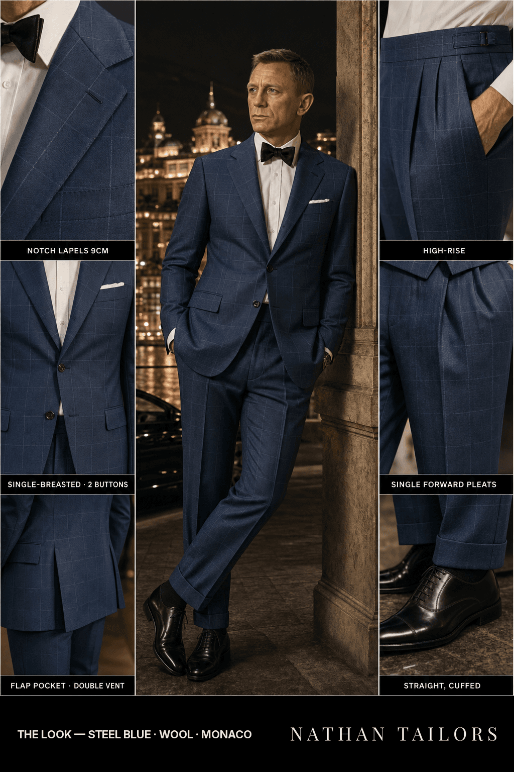 steel blue windowpane single-breasted notch-lapel bespoke suit — AI-rendered by Nathan Tailors, the Hoi An custom tailor. Available as a custom tailored suit from $149.