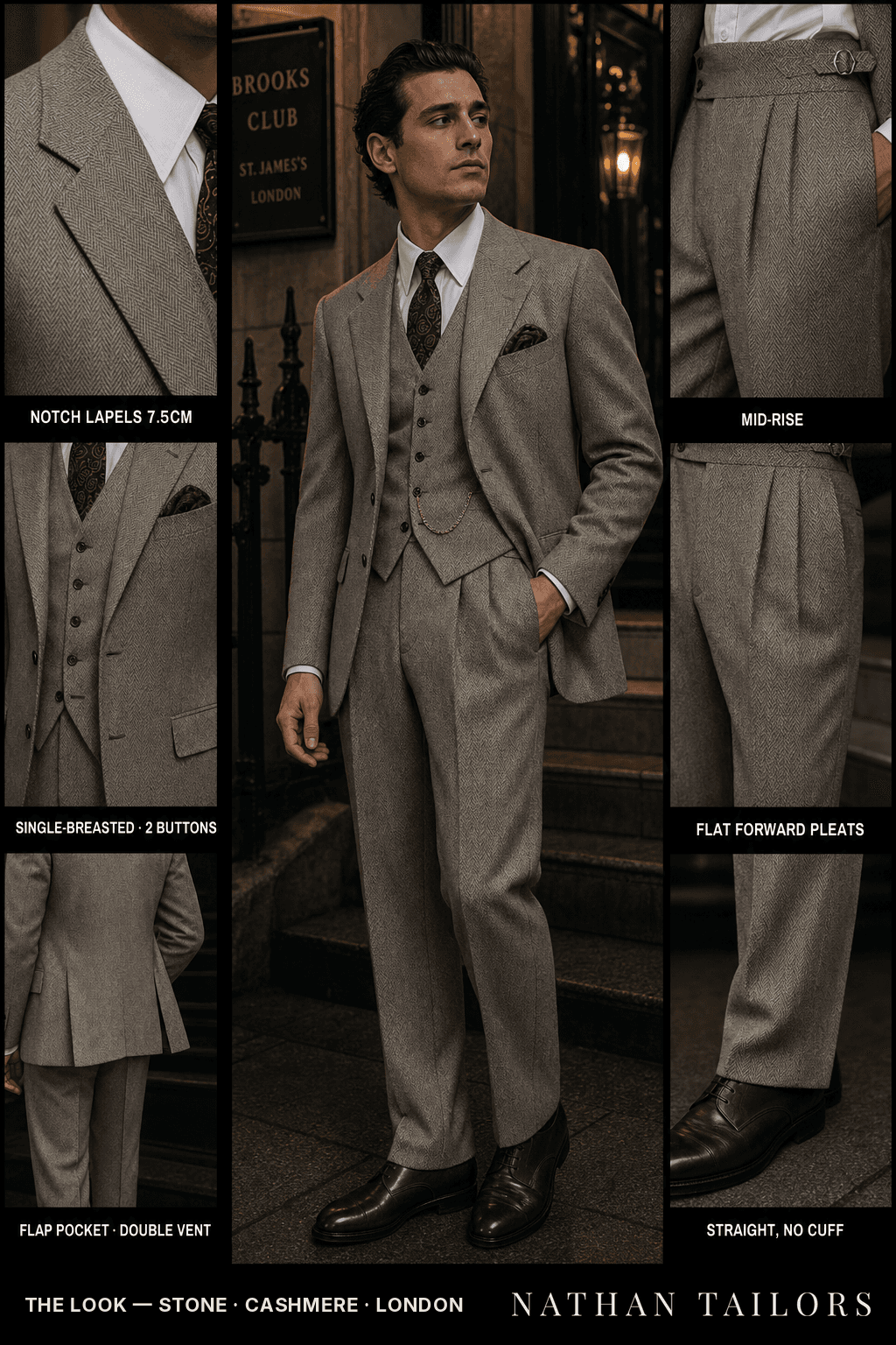 stone herringbone single-breasted bespoke suit — custom tailored by Nathan Tailors, the Hoi An custom tailor