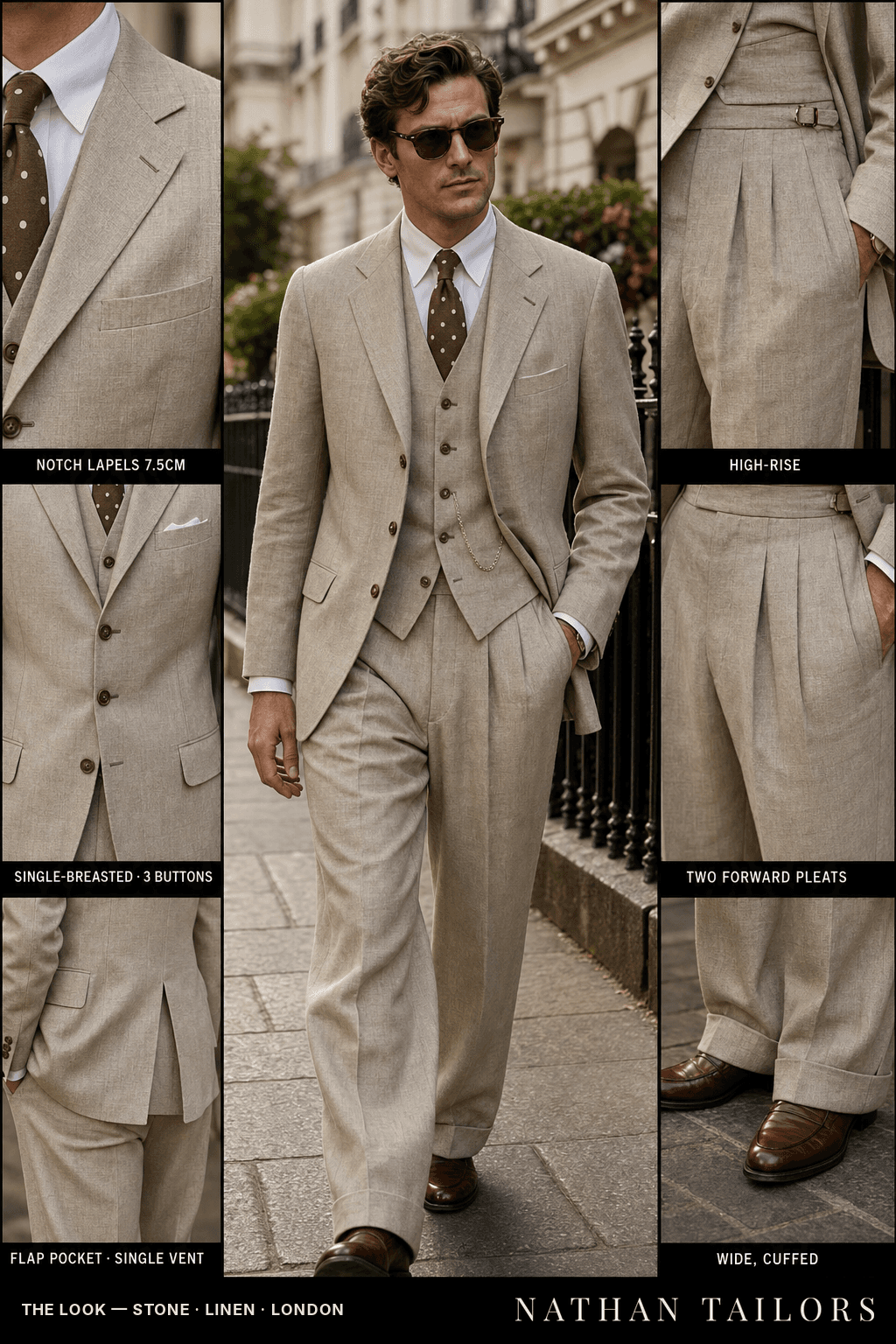 stone single-breasted notch-lapel bespoke suit — AI-rendered by Nathan Tailors, the Hoi An custom tailor. Available as a custom tailored suit from $149.