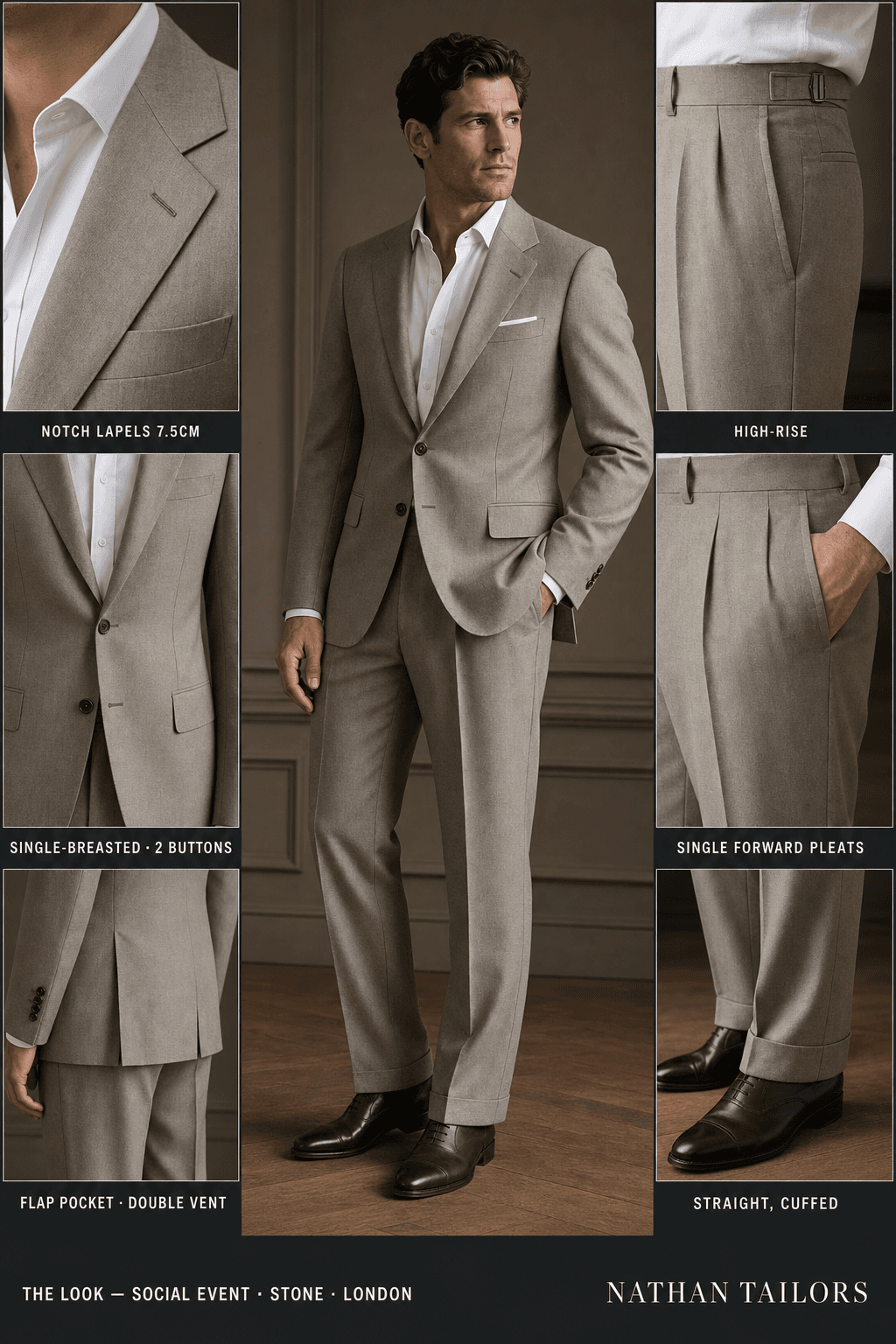 stone single-breasted bespoke suit — custom tailored by Nathan Tailors, the Hoi An custom tailor