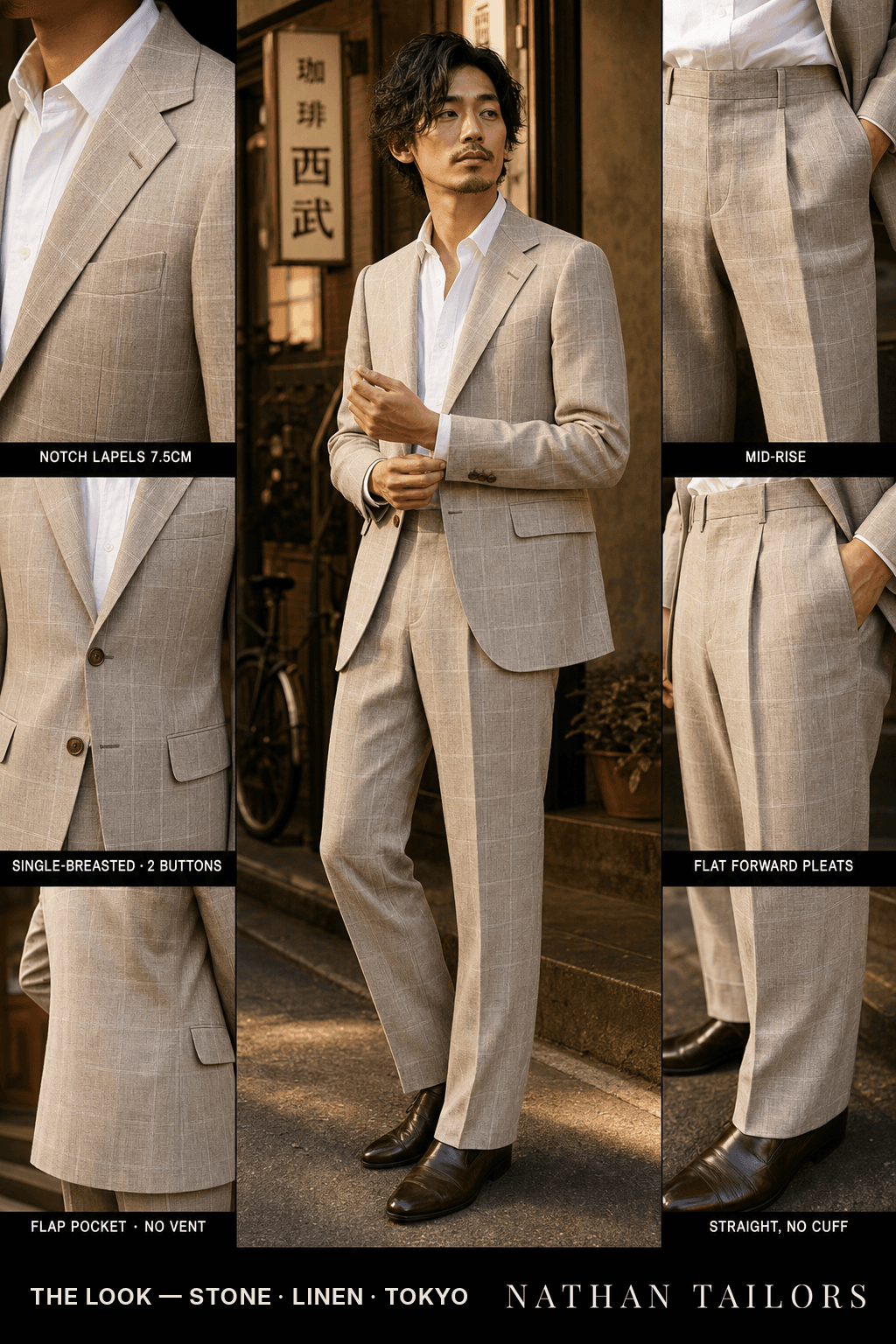 stone windowpane single-breasted notch-lapel bespoke suit — AI-rendered by Nathan Tailors, the Hoi An custom tailor. Available as a custom tailored suit from $149.