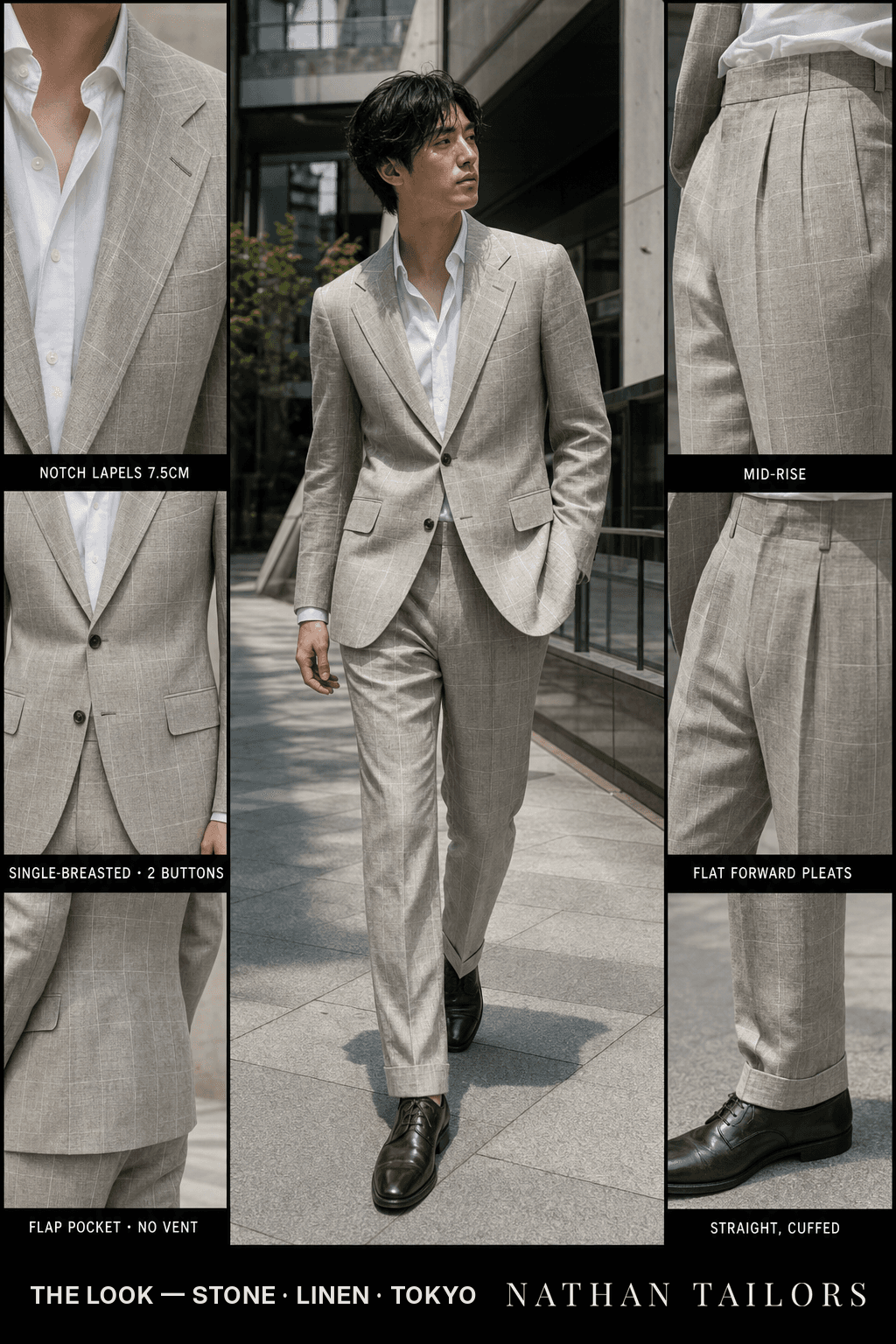 stone windowpane single-breasted notch-lapel bespoke suit — AI-rendered by Nathan Tailors, the Hoi An custom tailor. Available as a custom tailored suit from $149.