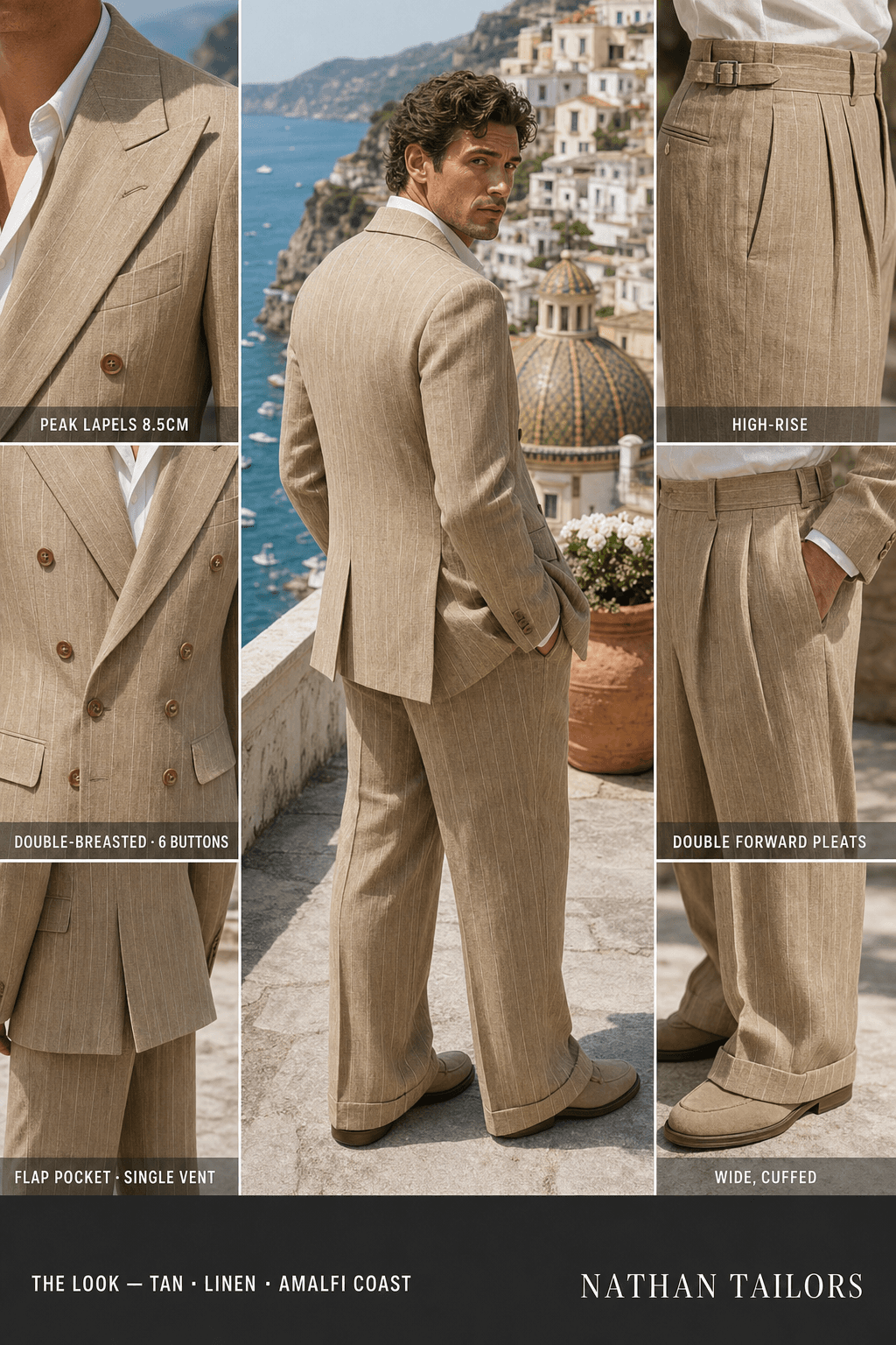 tan pinstripe double-breasted bespoke suit — custom tailored by Nathan Tailors, the Hoi An custom tailor