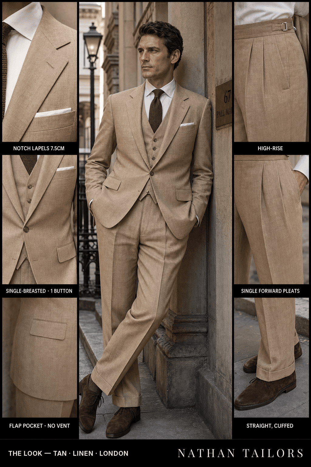 tan single-breasted bespoke suit — custom tailored by Nathan Tailors, the Hoi An custom tailor