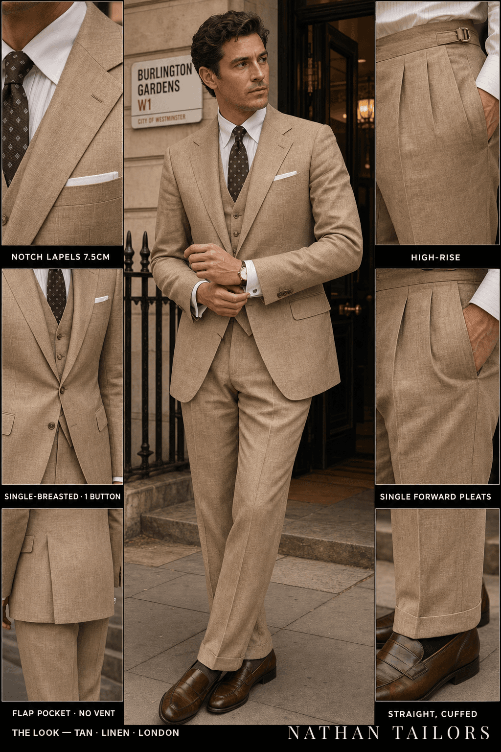 tan single-breasted bespoke suit — custom tailored by Nathan Tailors, the Hoi An custom tailor